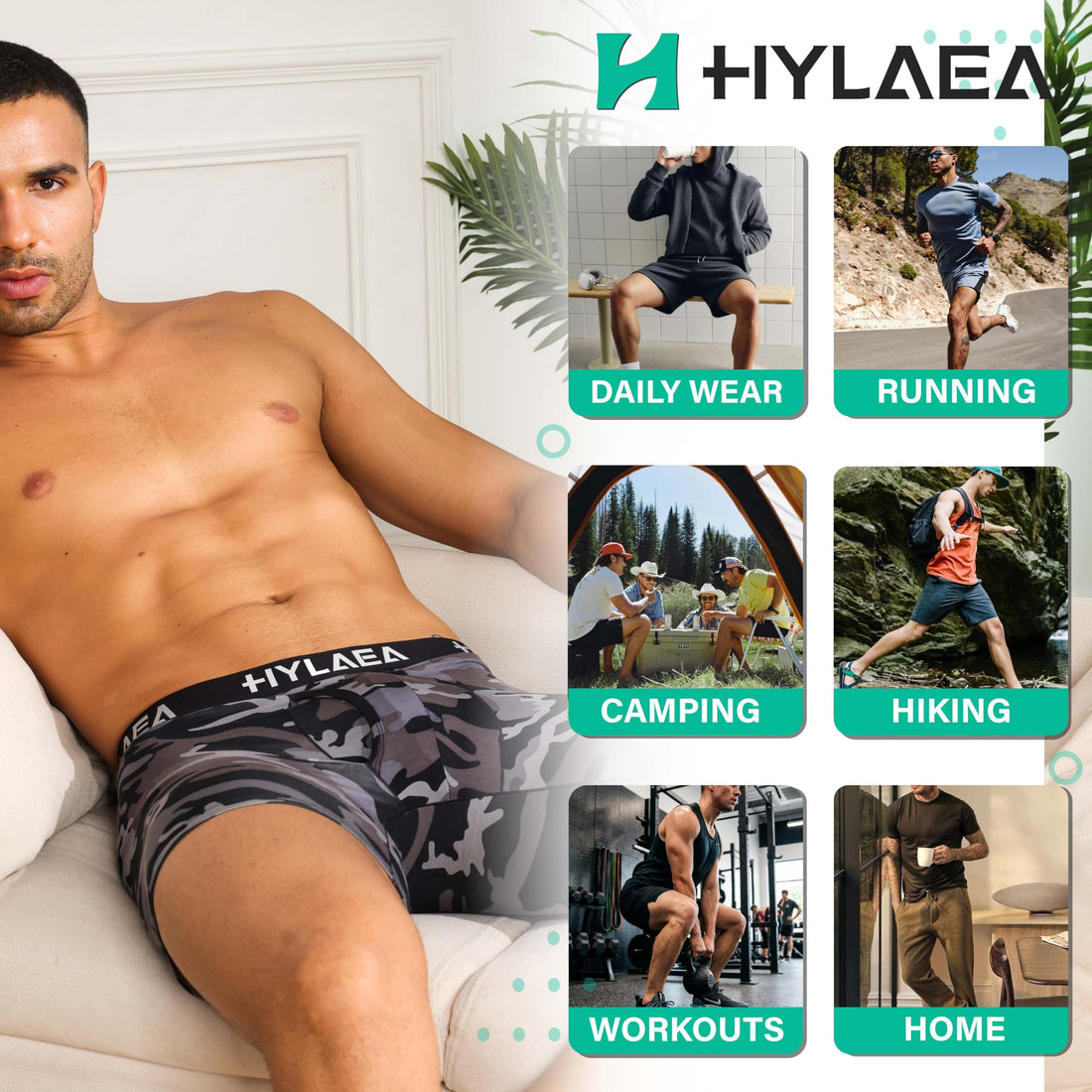 Hylaea Mens Bamboo Boxer Briefs, Breathable Moisture-Wicking Underwear | No Ride Up | 3D Pouch Support | Quick Dry | Anti-Odor | Tagless | Wide Waistband | Extended Leg Cut | Lightweight Fabric