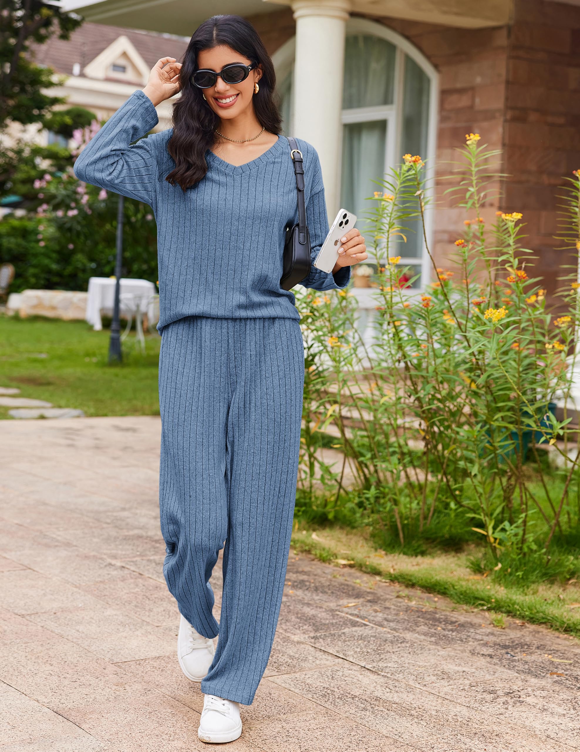 Ekouaer Lounge Sets for Women Long Sleeve Knit Ribbed Pajama Sets 2 Piece Casual Loungewear with Pockets