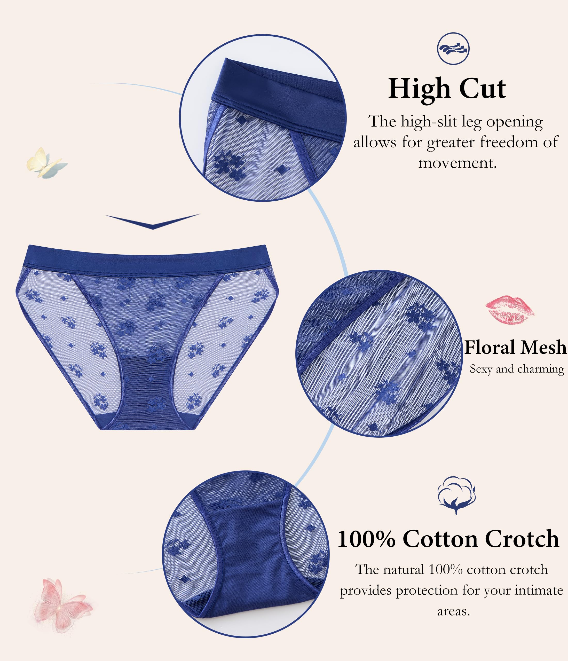 ANLIQI Womens Sexy Underwear Mesh See Through Bikini Panties Pack Hi Cut Briefs Sheer Lace String Lingerie Hipster for Lady
