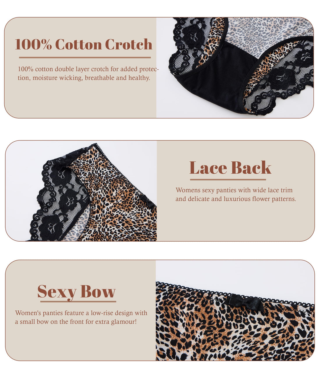 ANLIQI Leopard Print Women Underwear Lace Bikini Panties Pack Comfy Sex Hipster Soft Smooth Animal Print Brief for Ladies