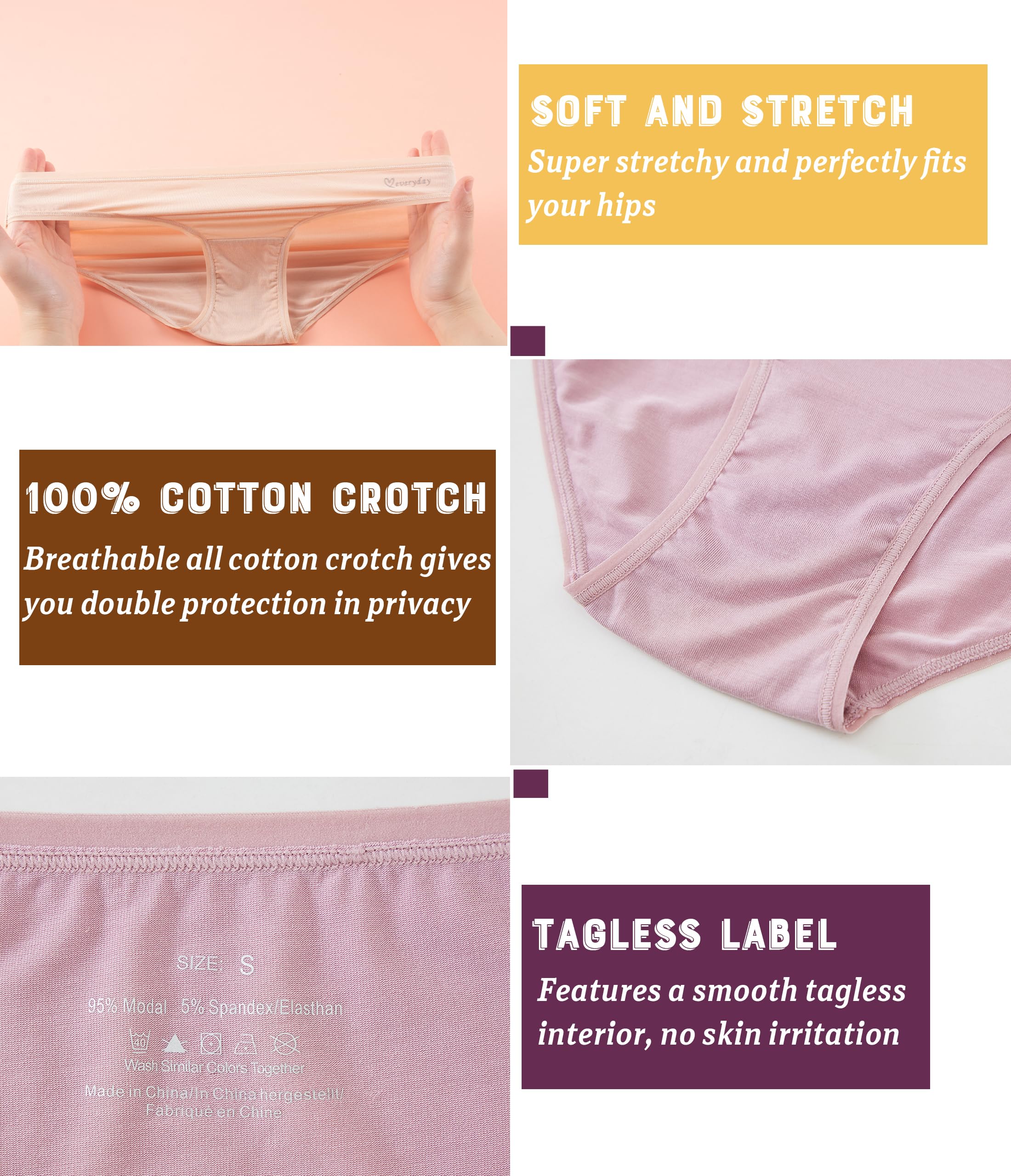 ANLIQI Modal Underwear Women Supersoft Bikini Panties for Women Pack Hi Cut Hipster Breathable Comfy Stretchy Ladies Undies