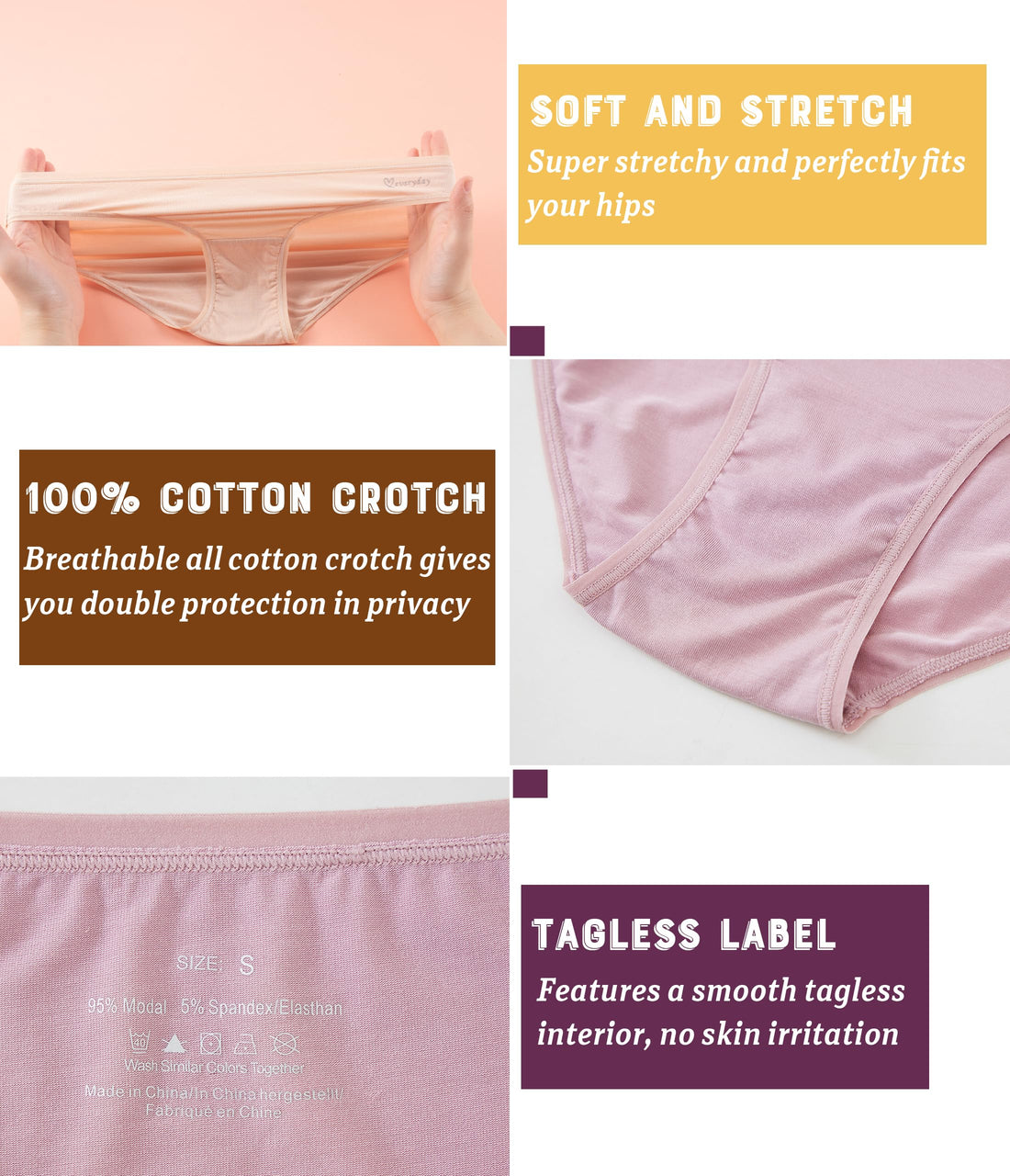 ANLIQI Modal Underwear Women Supersoft Bikini Panties for Women Pack Hi Cut Hipster Breathable Comfy Stretchy Ladies Undies