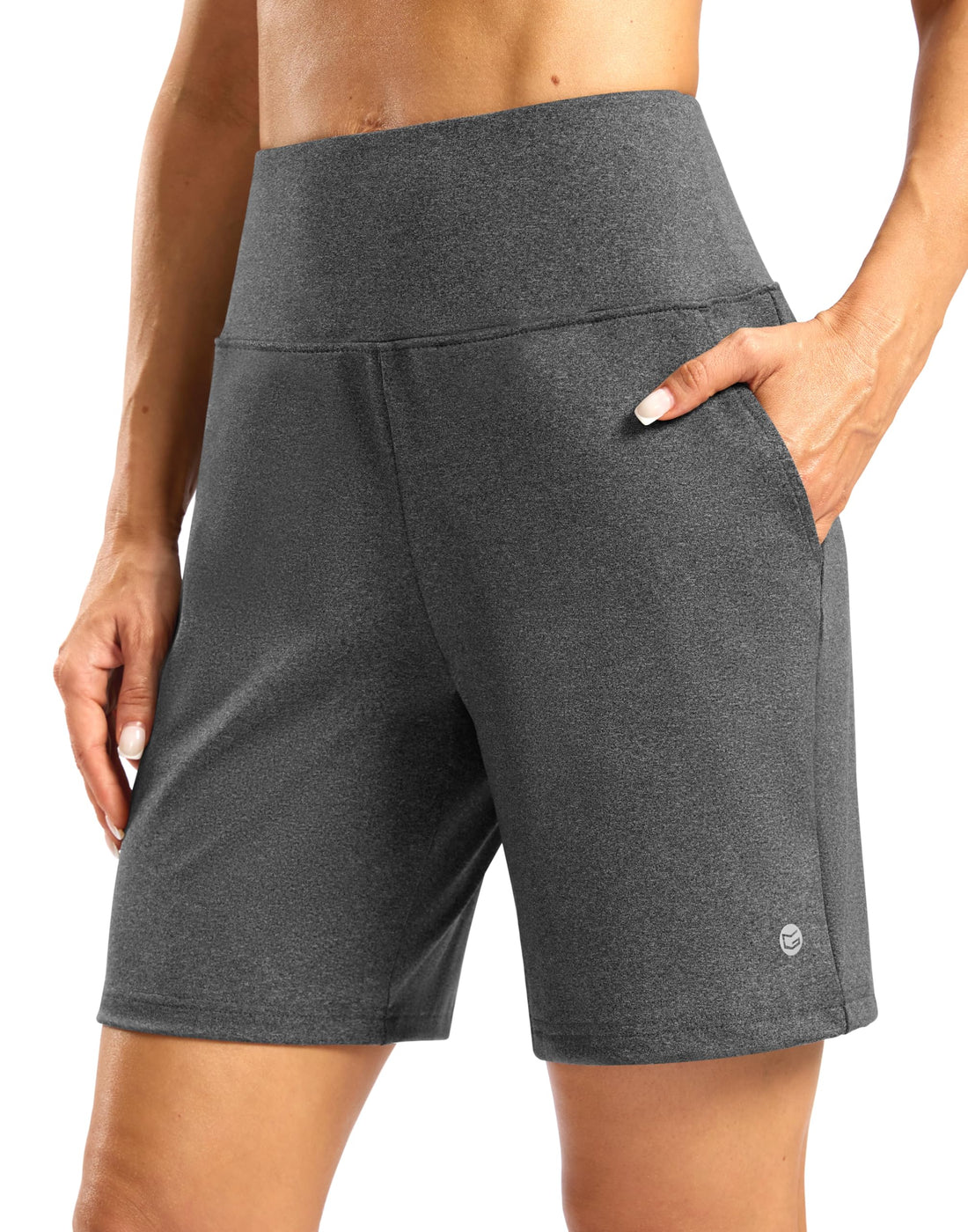 Women's Athletic Shorts with Zipper Pocket 7" High Waisted Stretchy Bermuda Shorts for Women Workout Running Casual