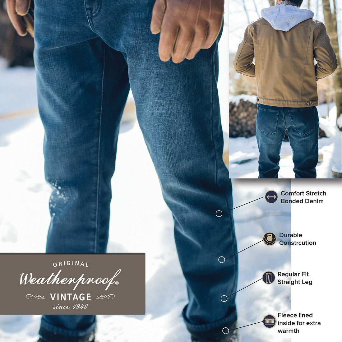 Weatherproof Vintage Fleece Lined Jeans Men - Regular Fit | Soft & Warm, Cold Weather Insulated Fleece Winter Pants for Men