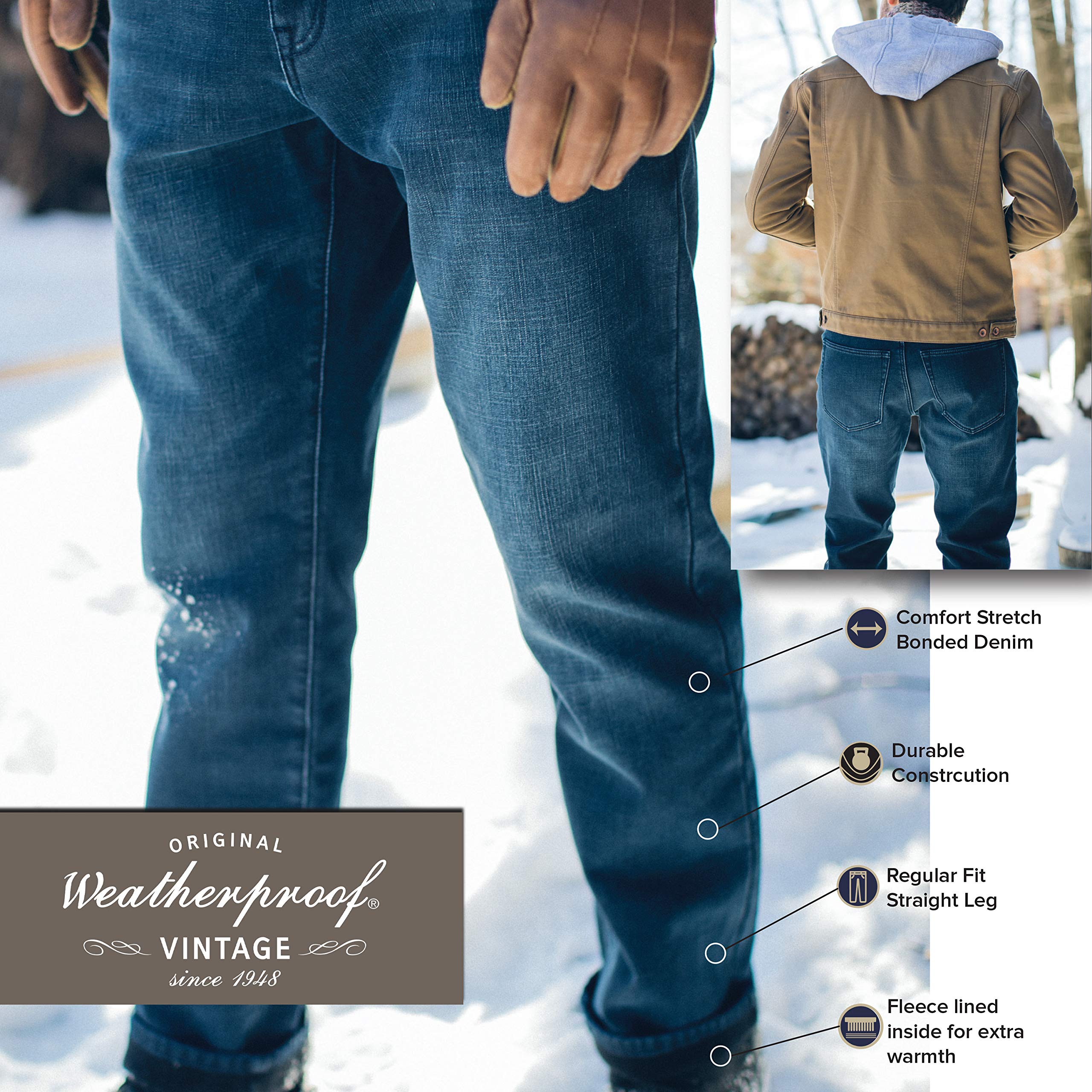 Weatherproof Vintage Fleece Lined Jeans Men - Regular Fit | Soft & Warm, Cold Weather Insulated Fleece Winter Pants for Men