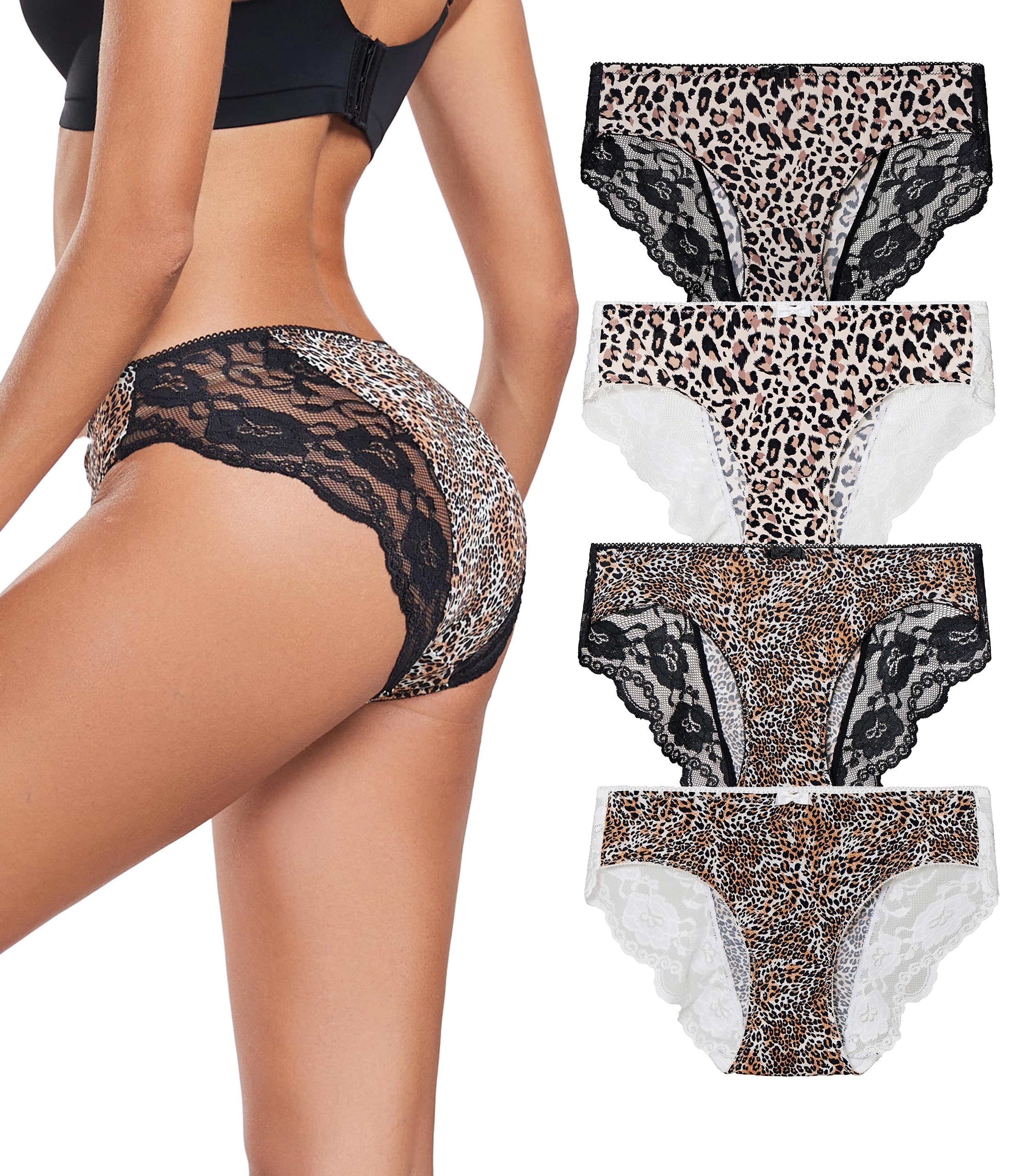 ANLIQI Leopard Print Women Underwear Lace Bikini Panties Pack Comfy Sex Hipster Soft Smooth Animal Print Brief for Ladies