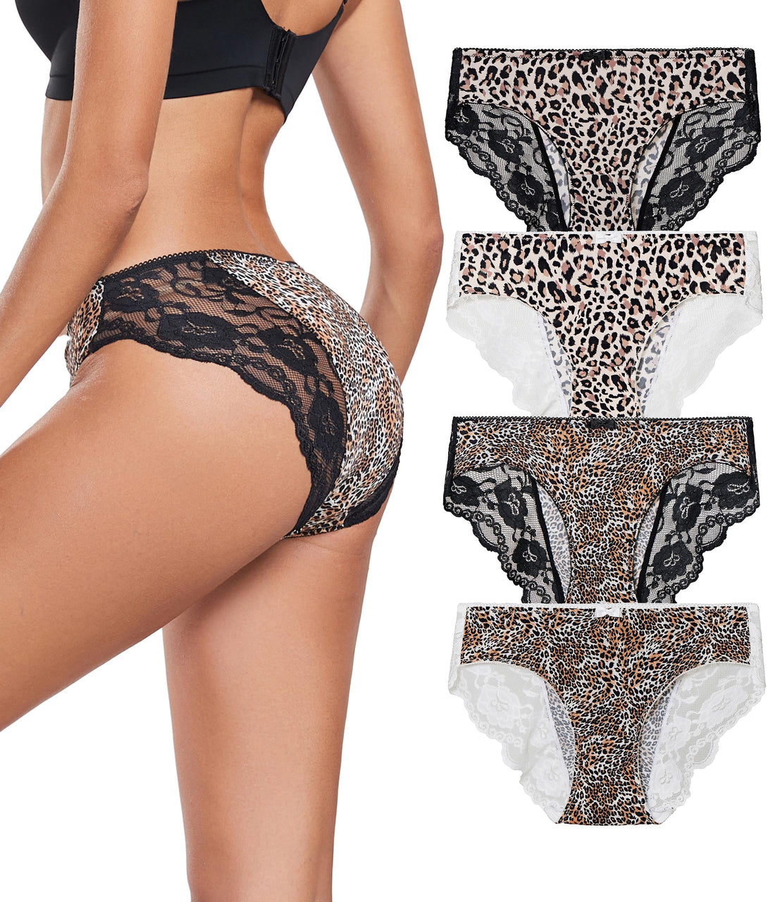 ANLIQI Leopard Print Women Underwear Lace Bikini Panties Pack Comfy Sex Hipster Soft Smooth Animal Print Brief for Ladies