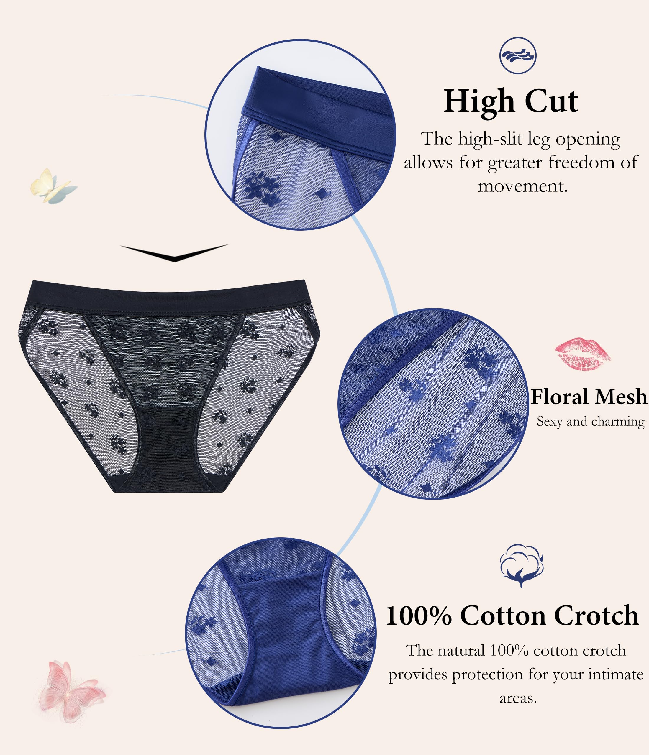 ANLIQI Womens Sexy Underwear Mesh See Through Bikini Panties Pack Hi Cut Briefs Sheer Lace String Lingerie Hipster for Lady