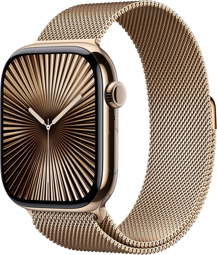 Apple Watch Series 10 [GPS + Cellular 46mm case] Smartwatch with Gold Titanium Case with Gold Milanese Loop - M/L. Fitness Tracker, ECG App, Always-On Retina Display, Carbon Neutral