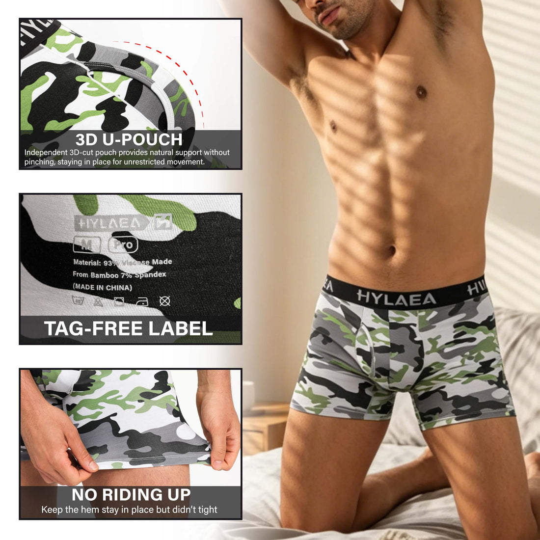 Hylaea Mens Bamboo Boxer Briefs, Breathable Moisture-Wicking Underwear | No Ride Up | 3D Pouch Support | Quick Dry | Anti-Odor | Tagless | Wide Waistband | Extended Leg Cut | Lightweight Fabric