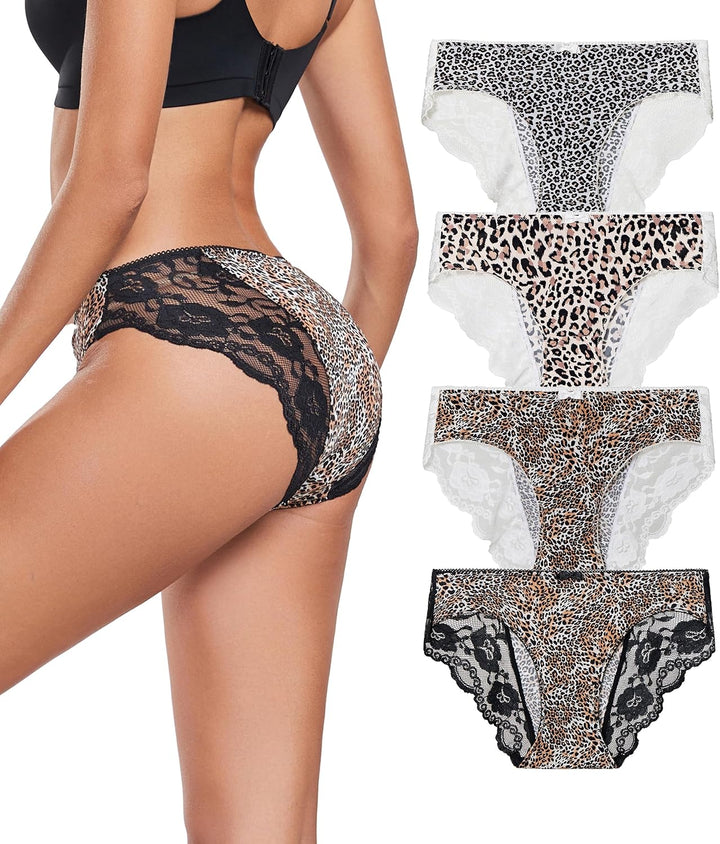 ANLIQI Leopard Print Women Underwear Lace Bikini Panties Pack Comfy Sex Hipster Soft Smooth Animal Print Brief for Ladies
