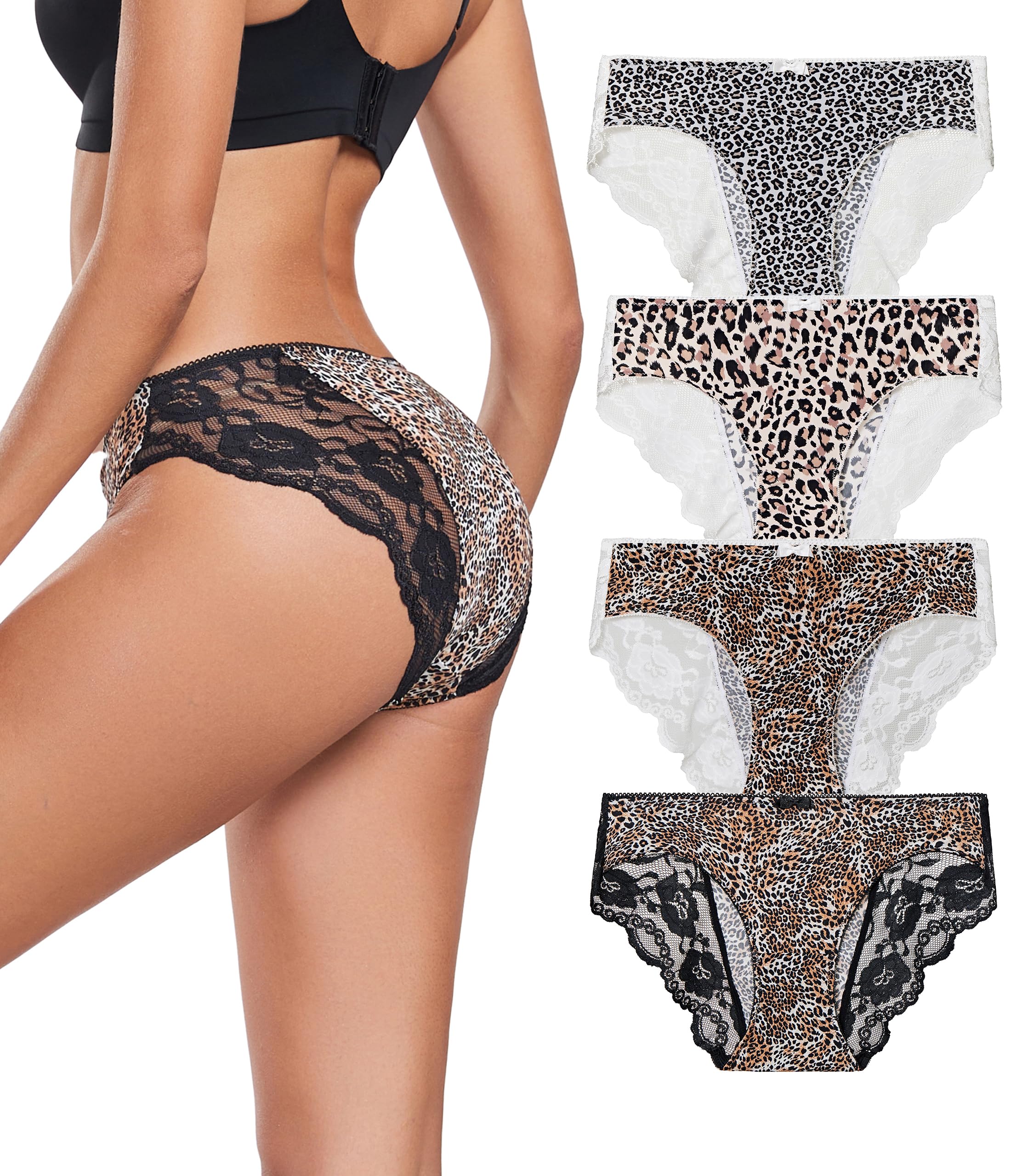 ANLIQI Leopard Print Women Underwear Lace Bikini Panties Pack Comfy Sex Hipster Soft Smooth Animal Print Brief for Ladies