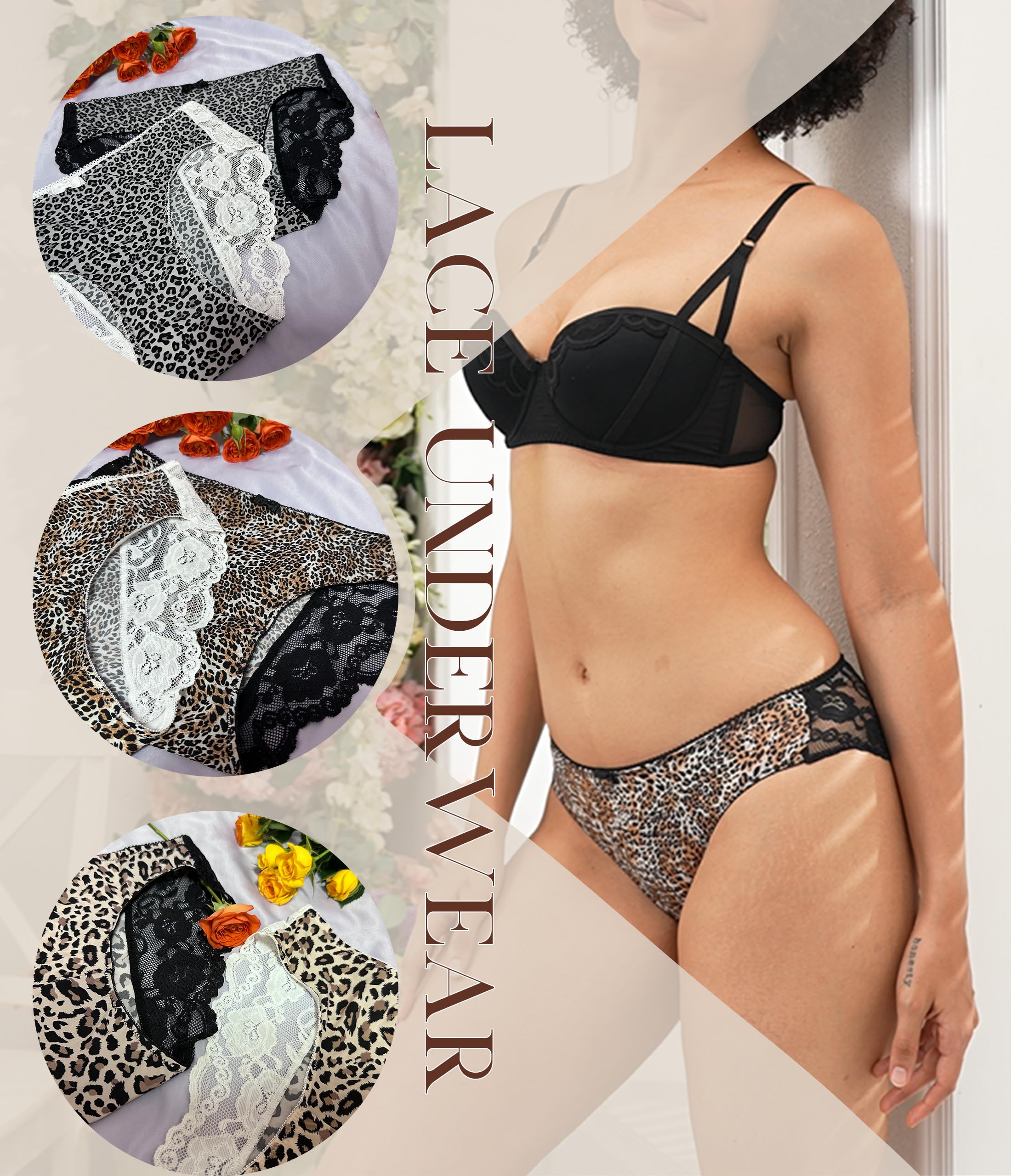 ANLIQI Leopard Print Women Underwear Lace Bikini Panties Pack Comfy Sex Hipster Soft Smooth Animal Print Brief for Ladies