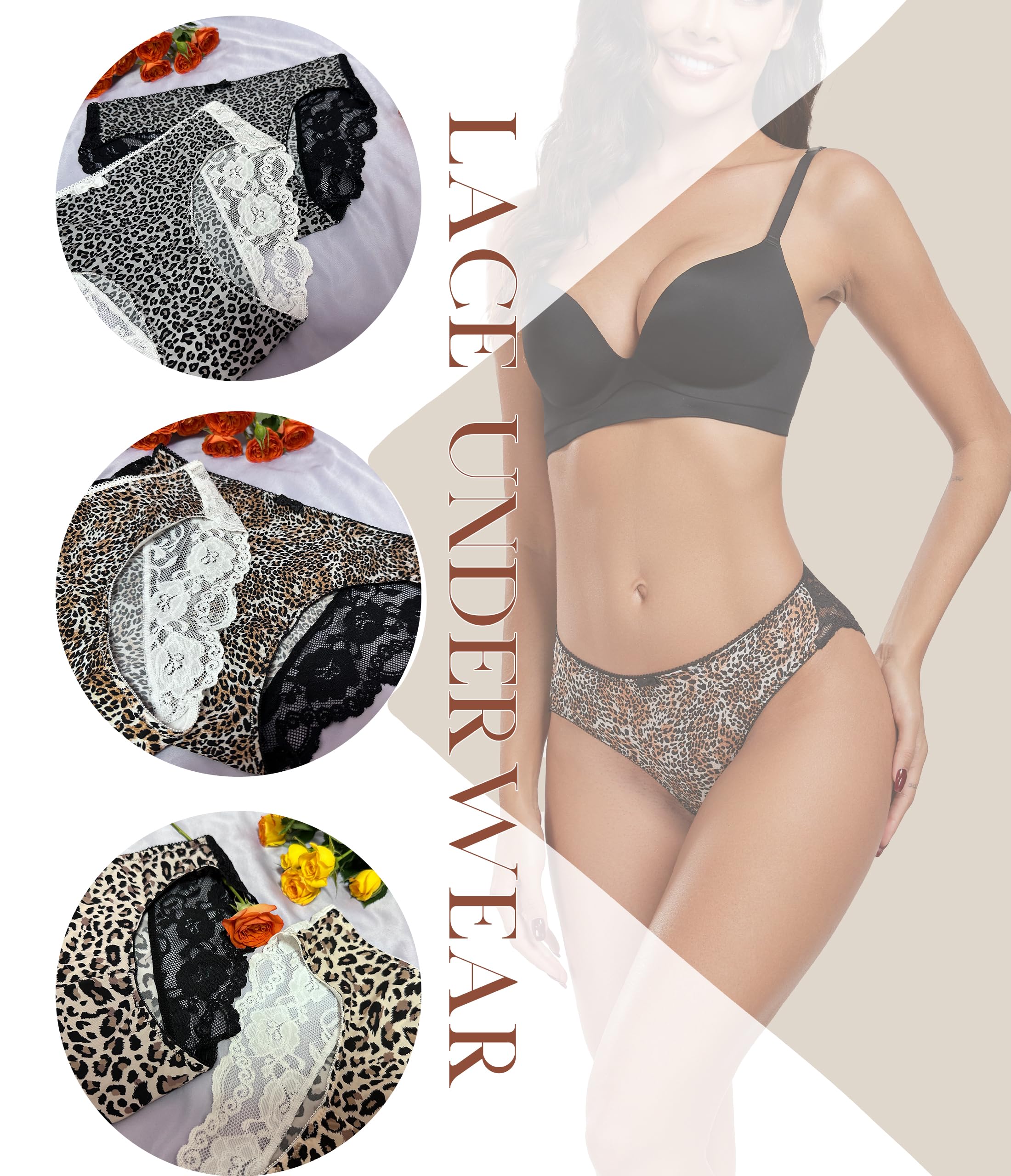 ANLIQI Leopard Print Women Underwear Lace Bikini Panties Pack Comfy Sex Hipster Soft Smooth Animal Print Brief for Ladies