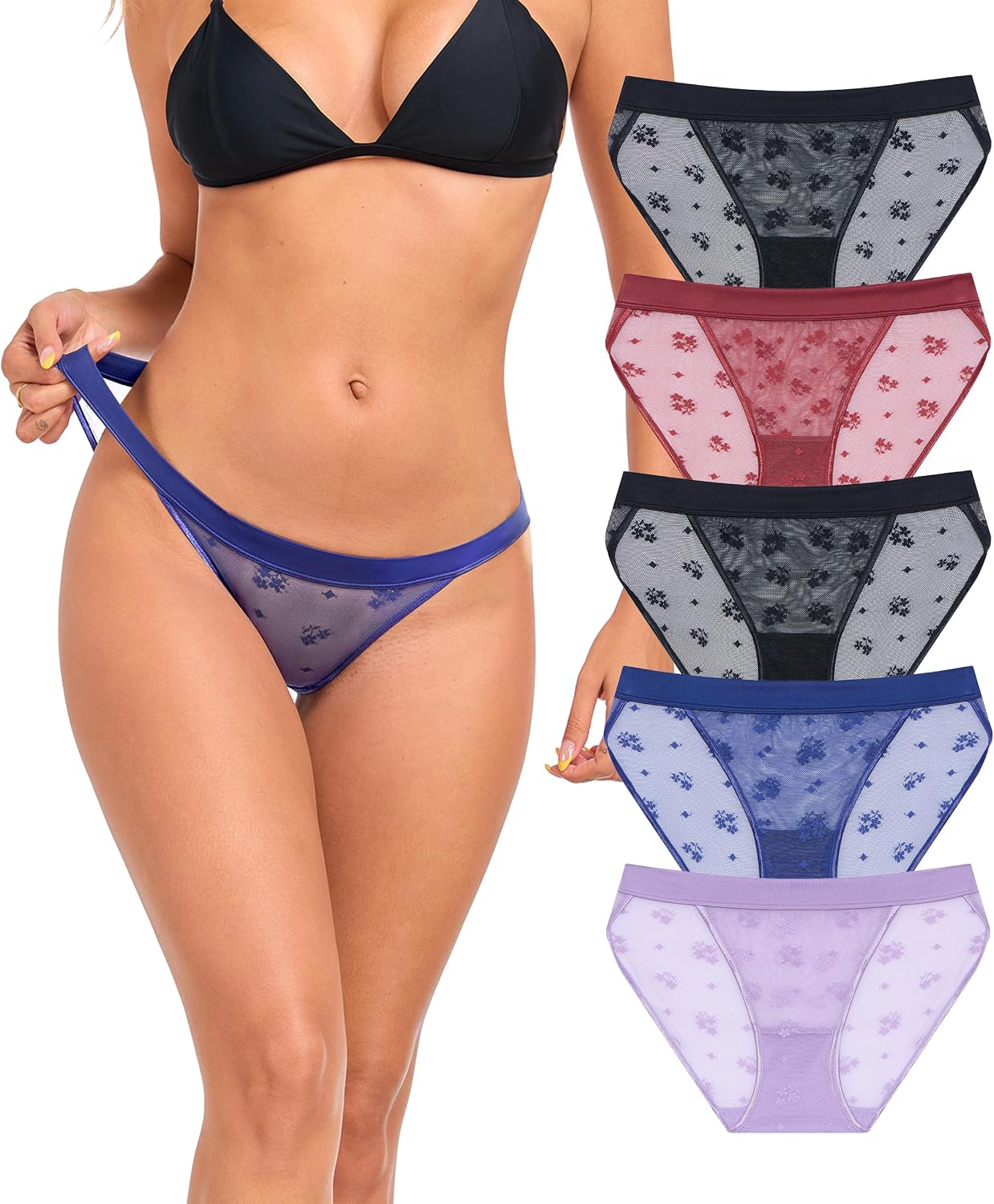 ANLIQI Womens Sexy Underwear Mesh See Through Bikini Panties Pack Hi Cut Briefs Sheer Lace String Lingerie Hipster for Lady