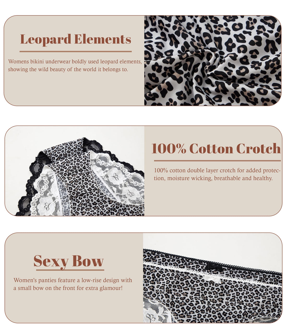 ANLIQI Leopard Print Women Underwear Lace Bikini Panties Pack Comfy Sex Hipster Soft Smooth Animal Print Brief for Ladies