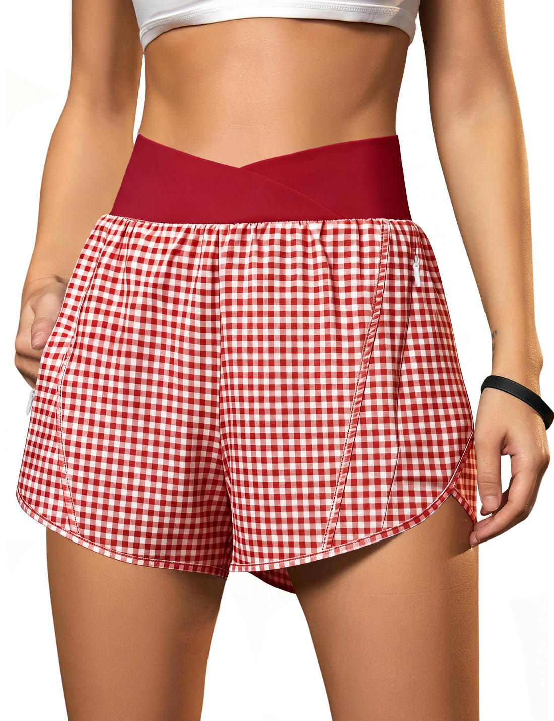 Blooming Jelly Women's Workout Shorts Athletic Running Shorts Crossover High Waisted Gym Shorts with Zipper Pockets