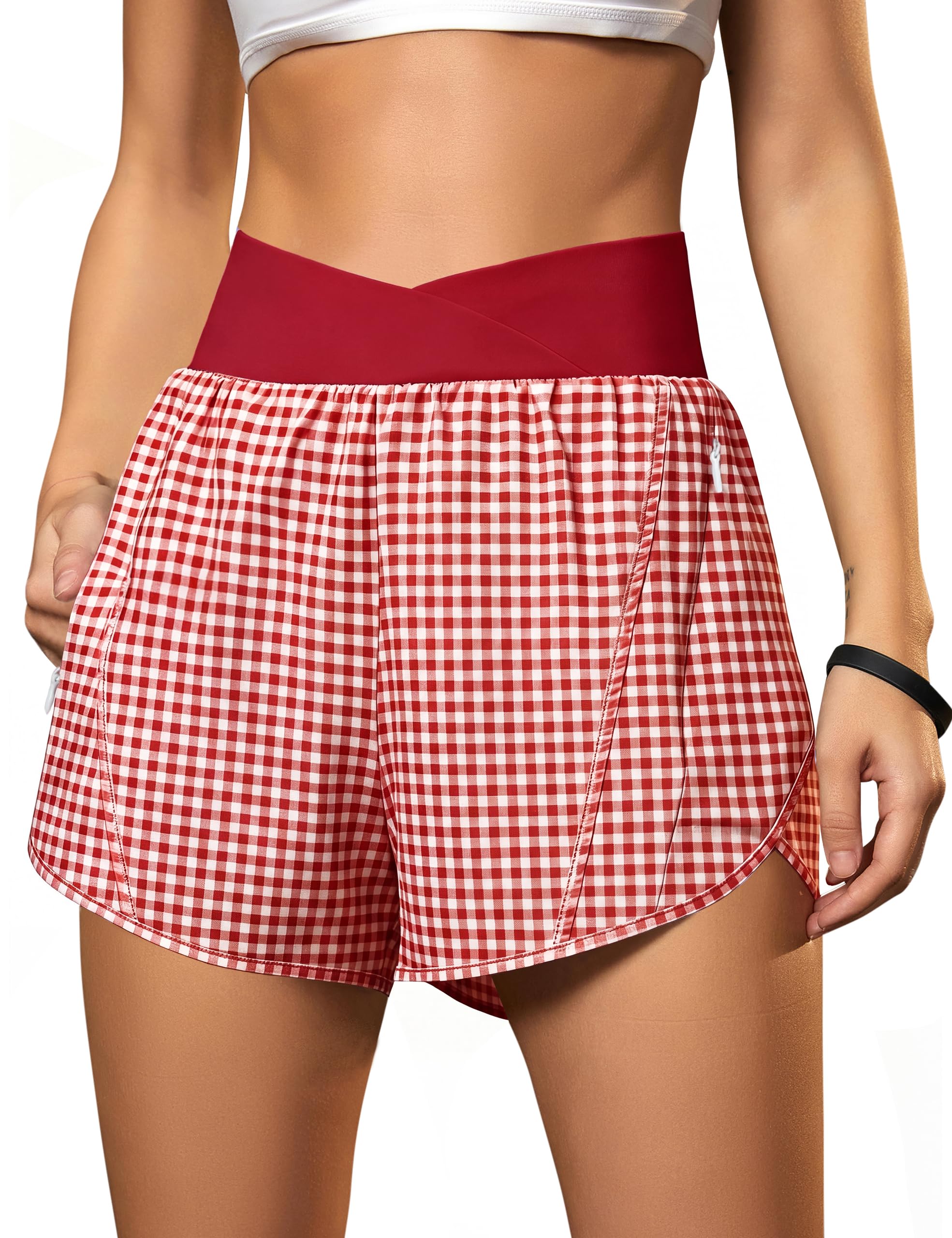Blooming Jelly Women's Workout Shorts Athletic Running Shorts Crossover High Waisted Gym Shorts with Zipper Pockets
