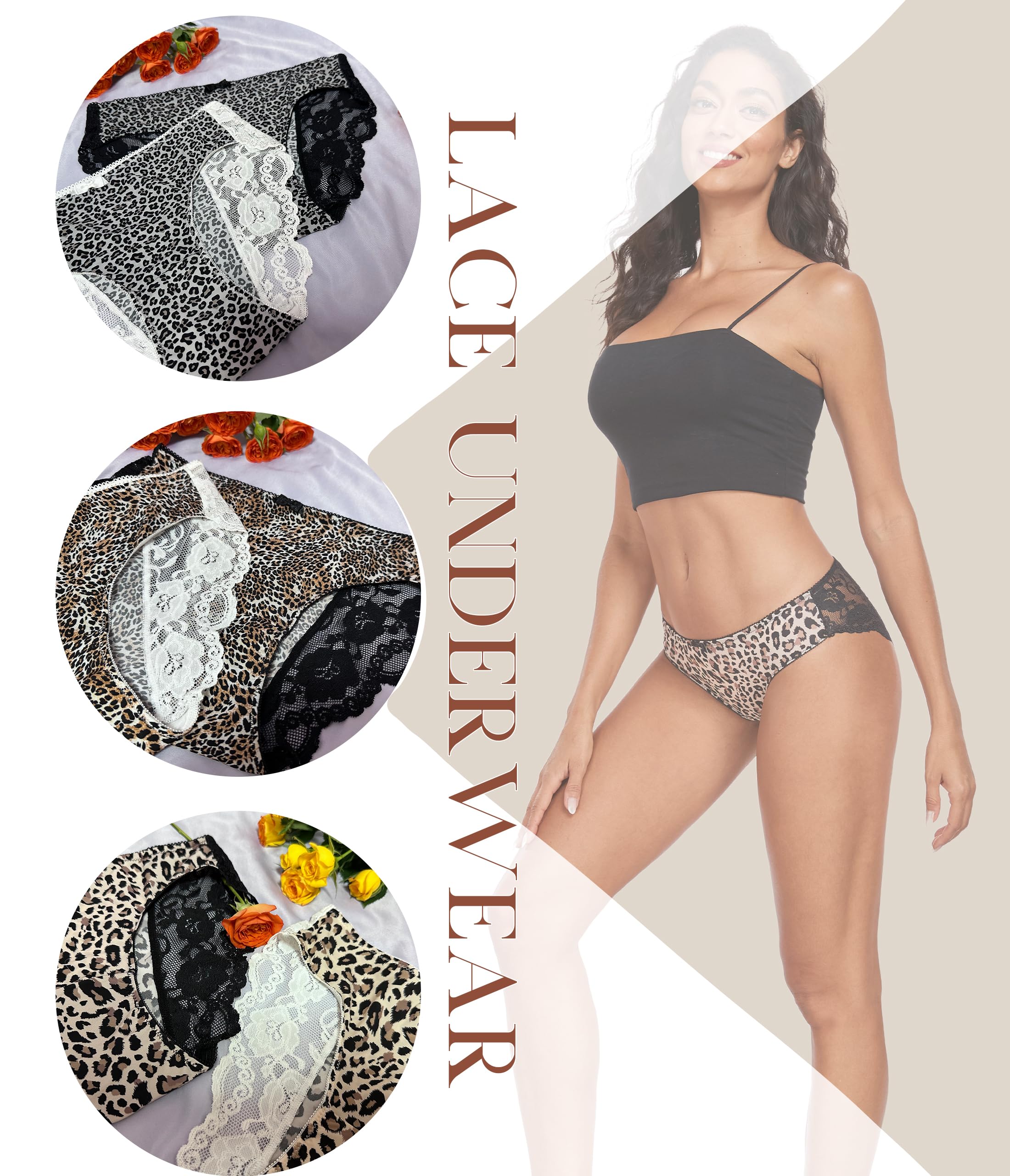 ANLIQI Leopard Print Women Underwear Lace Bikini Panties Pack Comfy Sex Hipster Soft Smooth Animal Print Brief for Ladies