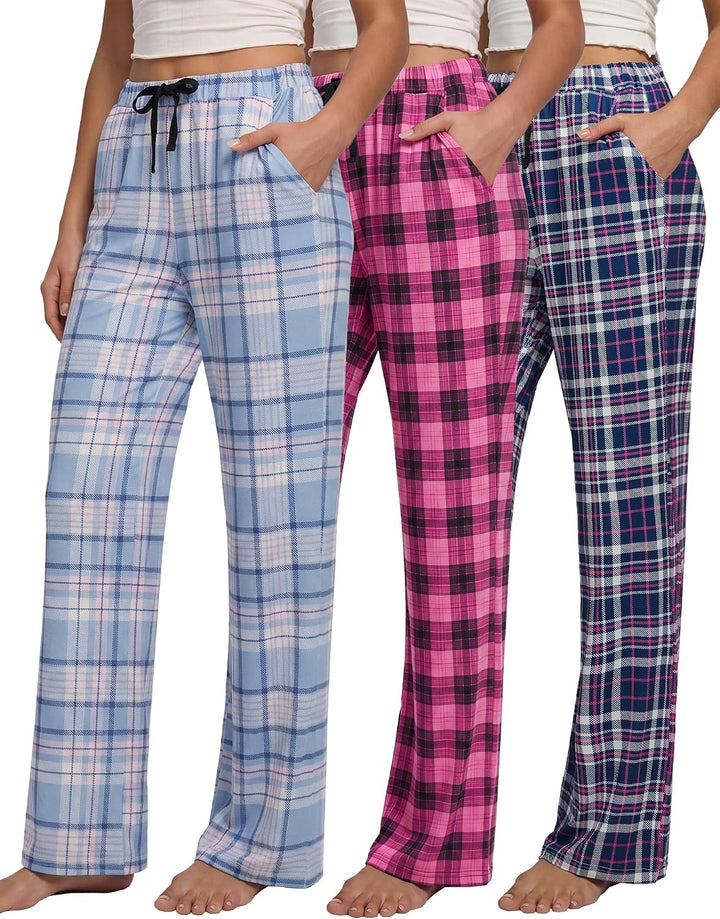 3Pack Women Pajama Pants Plaid Sleepwear with Pockets