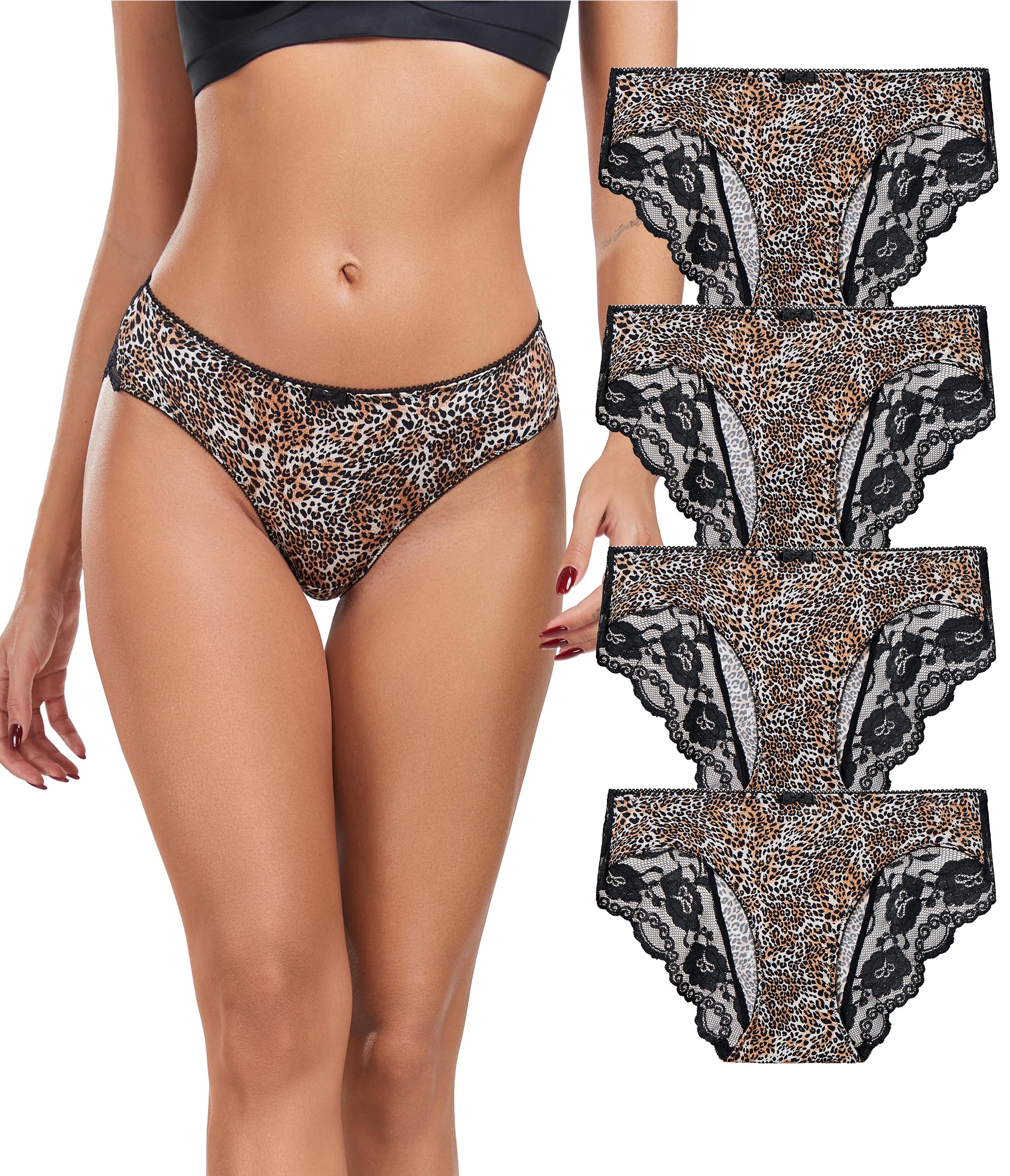 ANLIQI Leopard Print Women Underwear Lace Bikini Panties Pack Comfy Sex Hipster Soft Smooth Animal Print Brief for Ladies