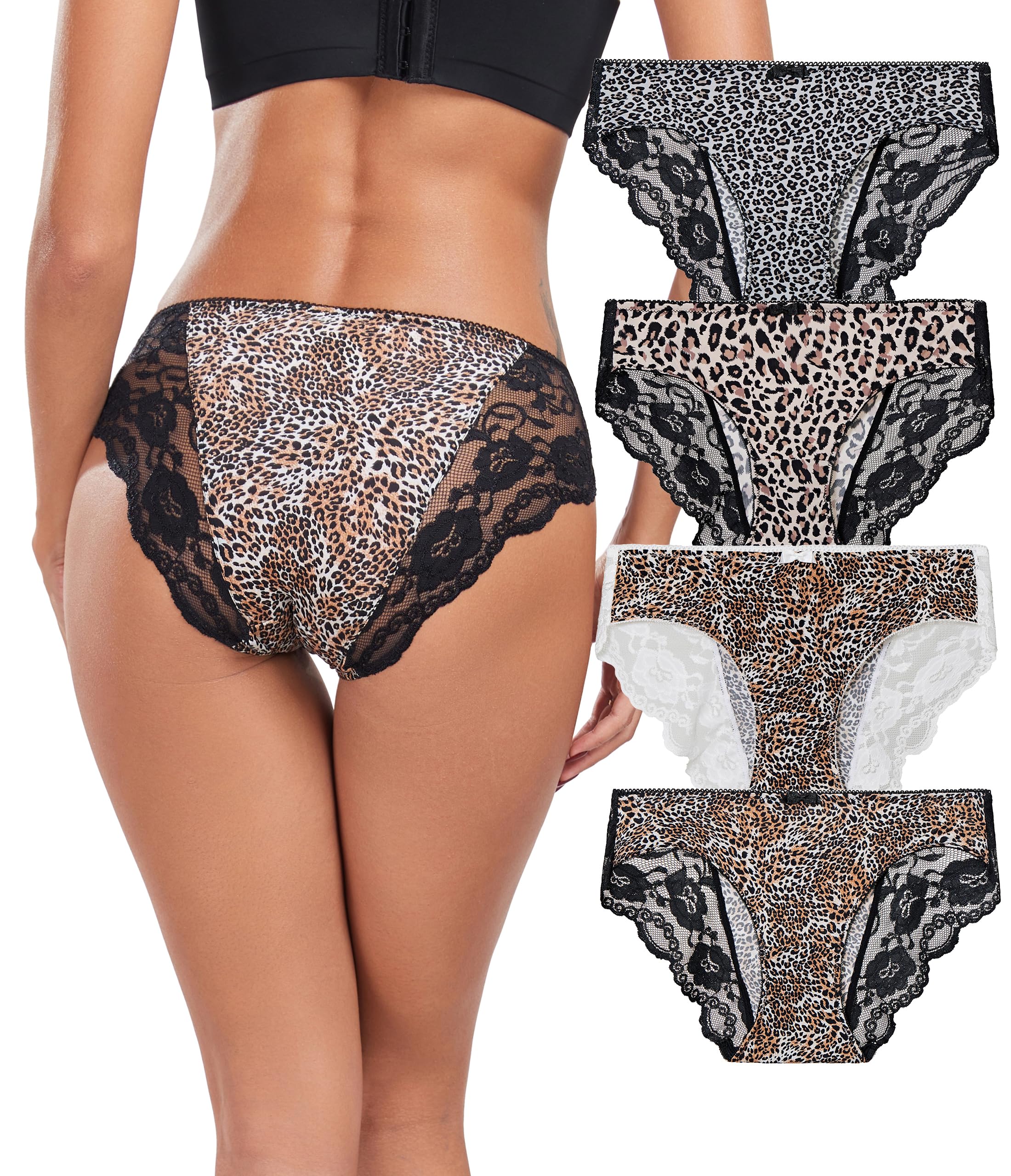 ANLIQI Leopard Print Women Underwear Lace Bikini Panties Pack Comfy Sex Hipster Soft Smooth Animal Print Brief for Ladies