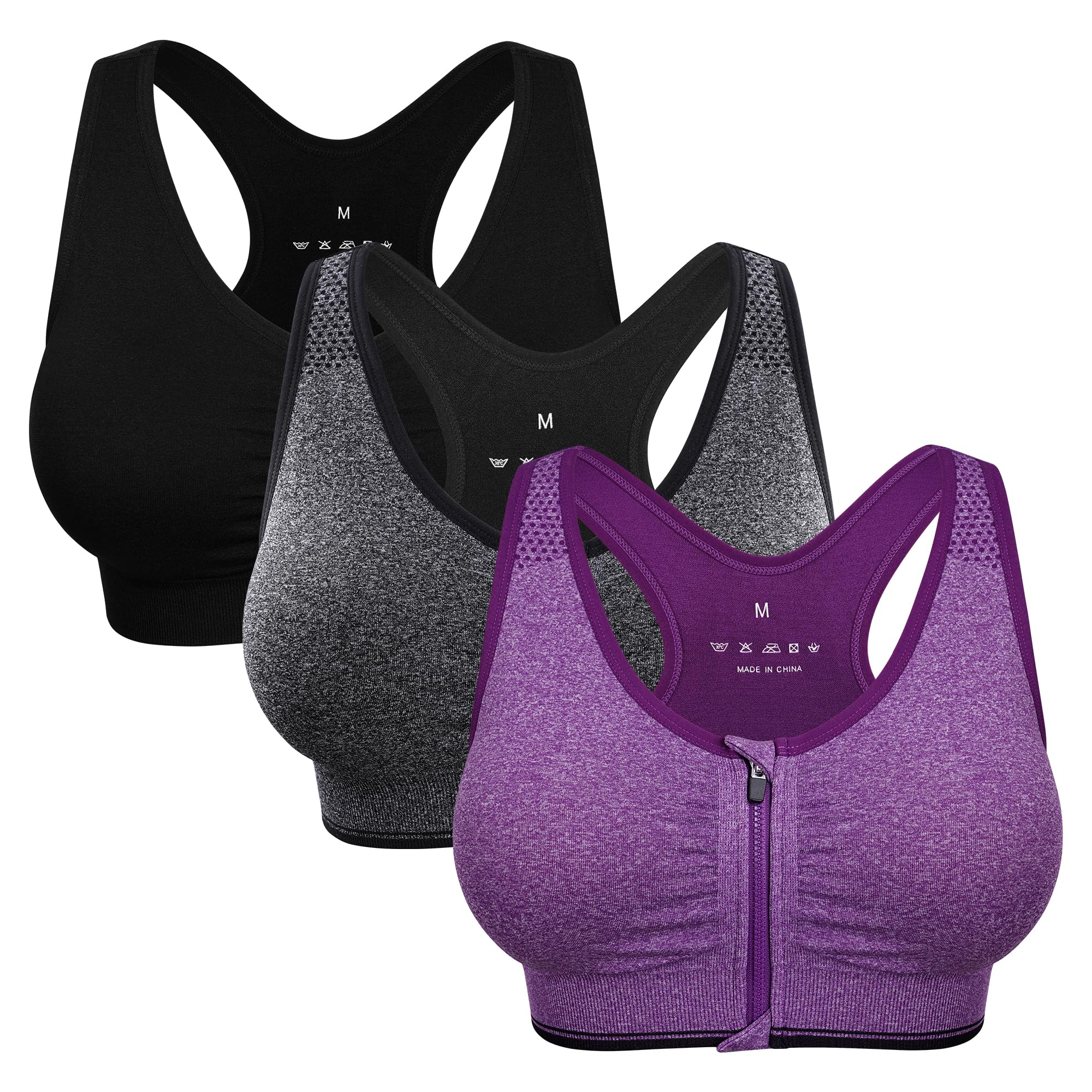 Women's Zip Front Sports Bra Wireless Post-Surgery Bra Workout Sports Bras | Zipper Front Closure, Surgical Mastectomy Bra, Post Op, Compression, Comfort, Medium Support, Active, Yoga, Removable Pads