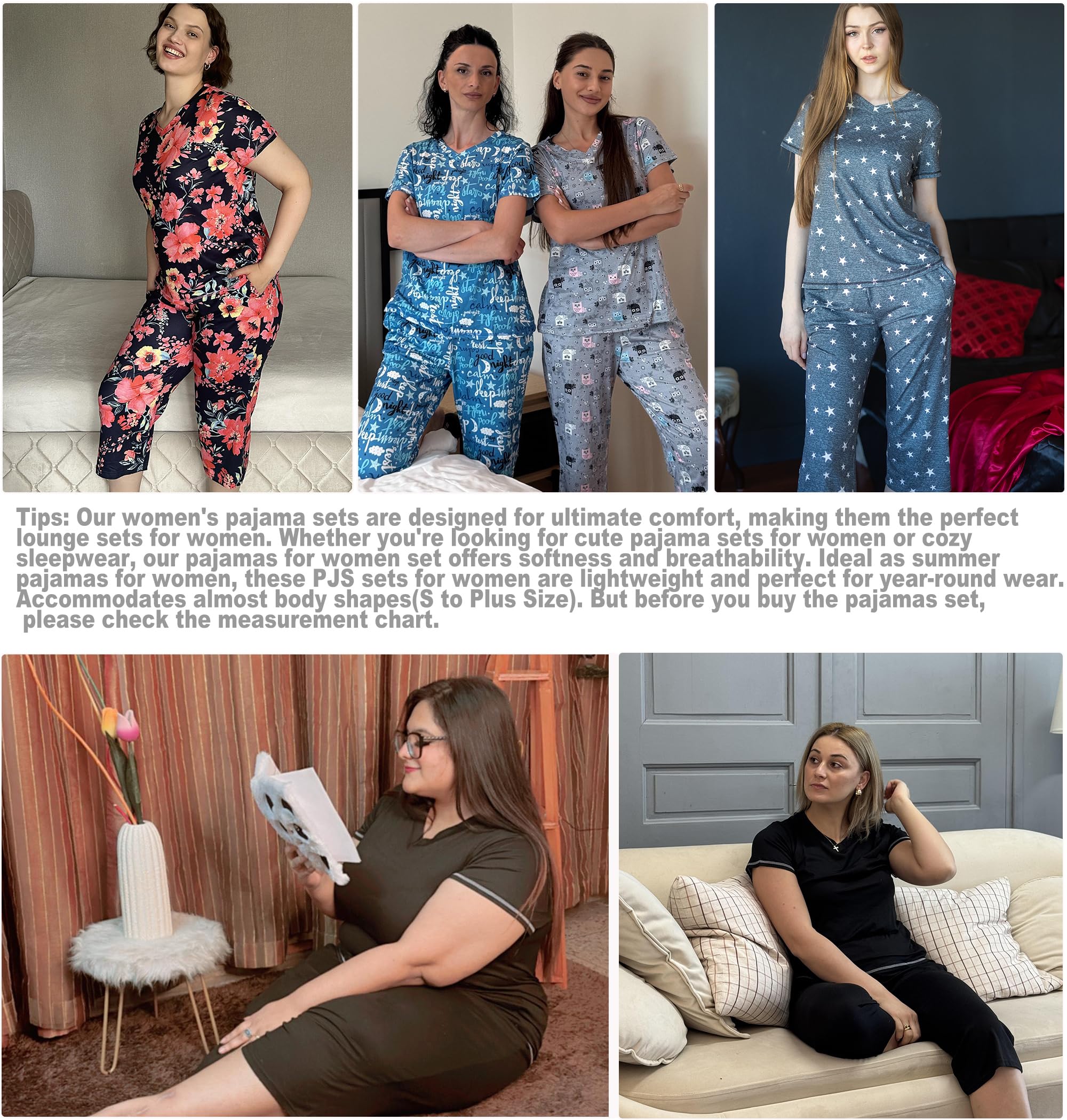 Ekouaer 2 Pack Women's Capri Pajama Sets Short Sleeve Two-Piece Pjs V Neck Tops & Pants Printed Lounge Sets S-3XL