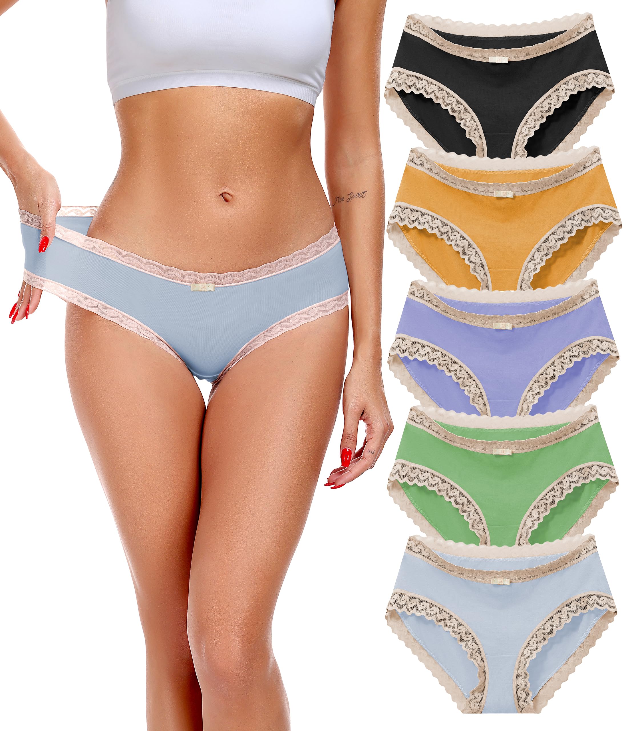 ANLIQI Womens Underwear Lace Trim Hipster Panties Pack Soft Moisture Wicking Cotton Bikini Briefs Cool Undies Underpants