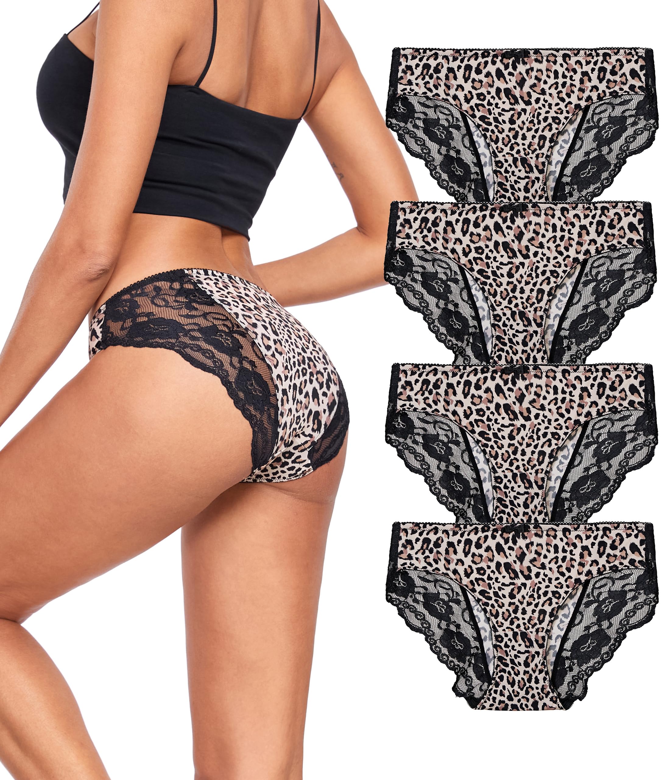 ANLIQI Leopard Print Women Underwear Lace Bikini Panties Pack Comfy Sex Hipster Soft Smooth Animal Print Brief for Ladies