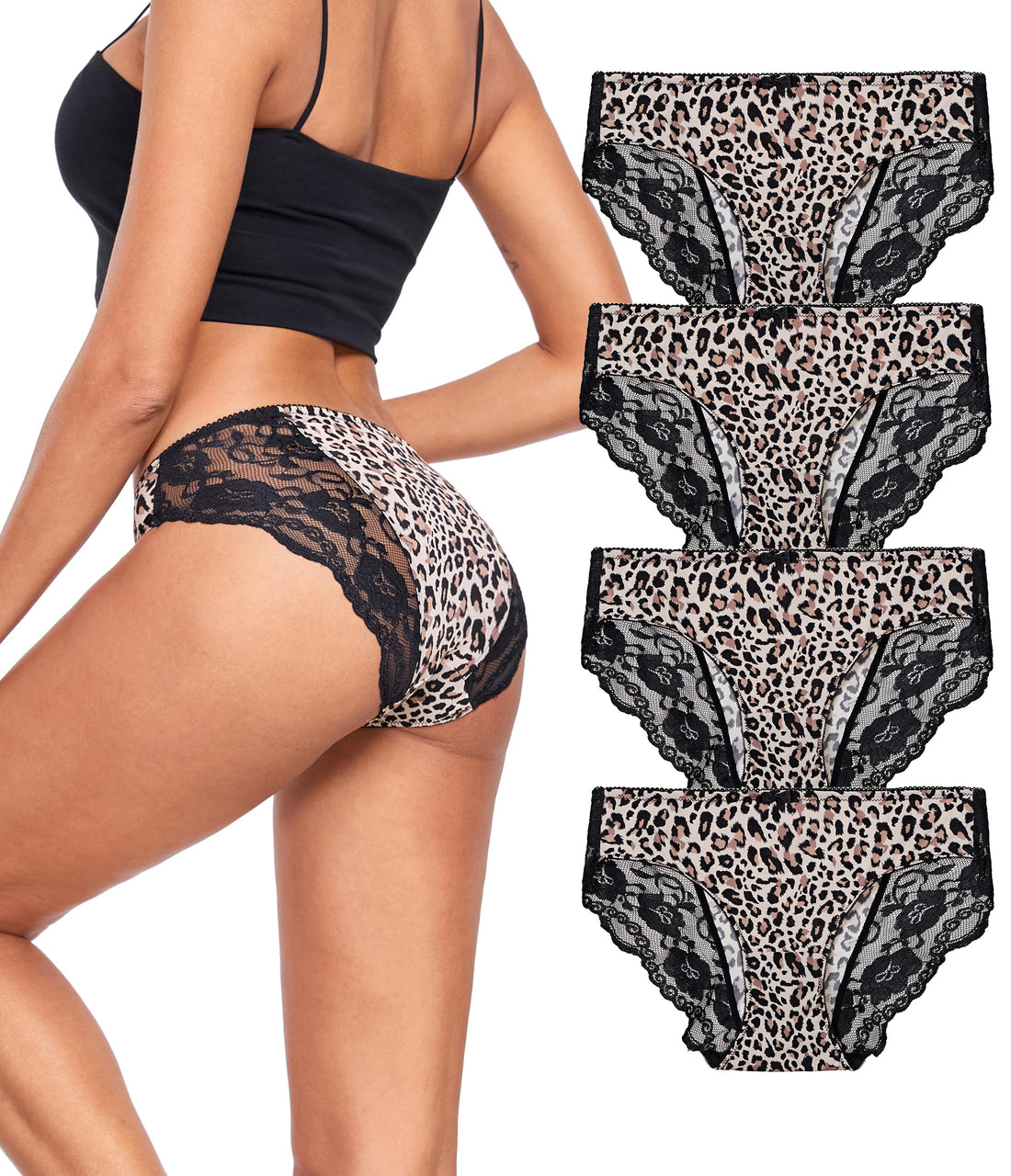 ANLIQI Leopard Print Women Underwear Lace Bikini Panties Pack Comfy Sex Hipster Soft Smooth Animal Print Brief for Ladies