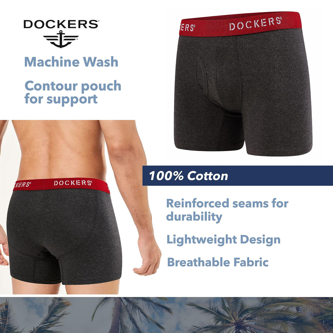 DOCKERS Mens Boxer Briefs Breathable Cotton Underwear for Men Pack of 5