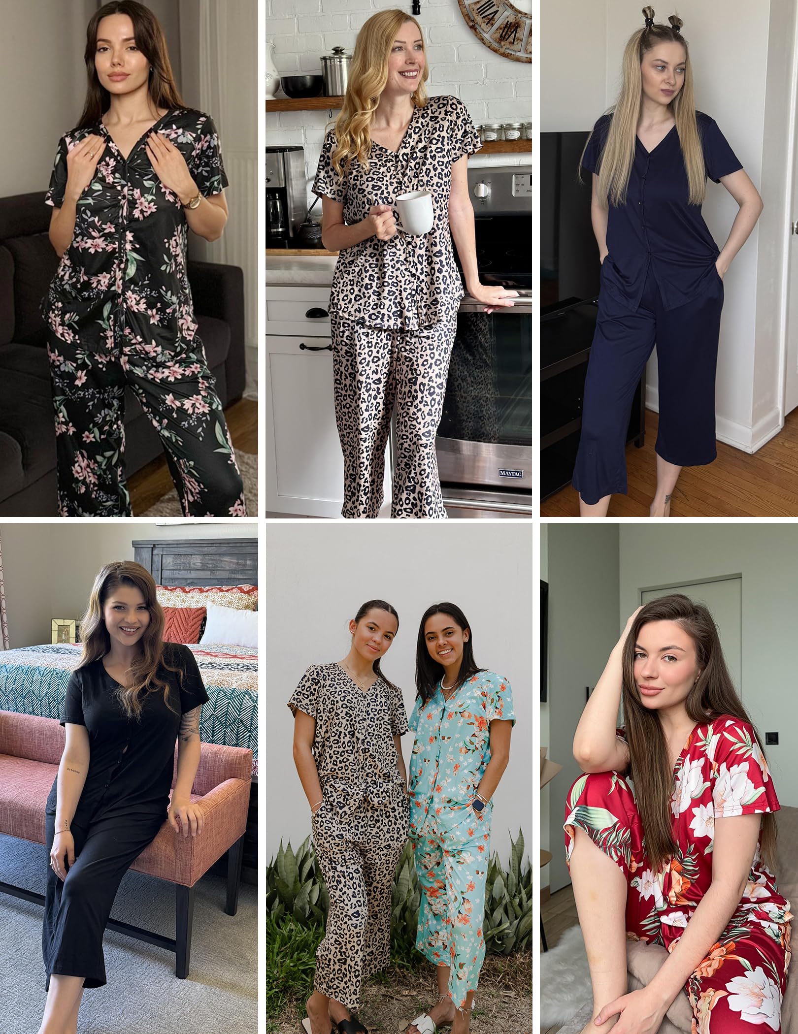 Ekouaer Women's Pajama Sets Short Sleeve Sleepwear Button Up Pj Loungewear Top and Capri Pants with Pockets