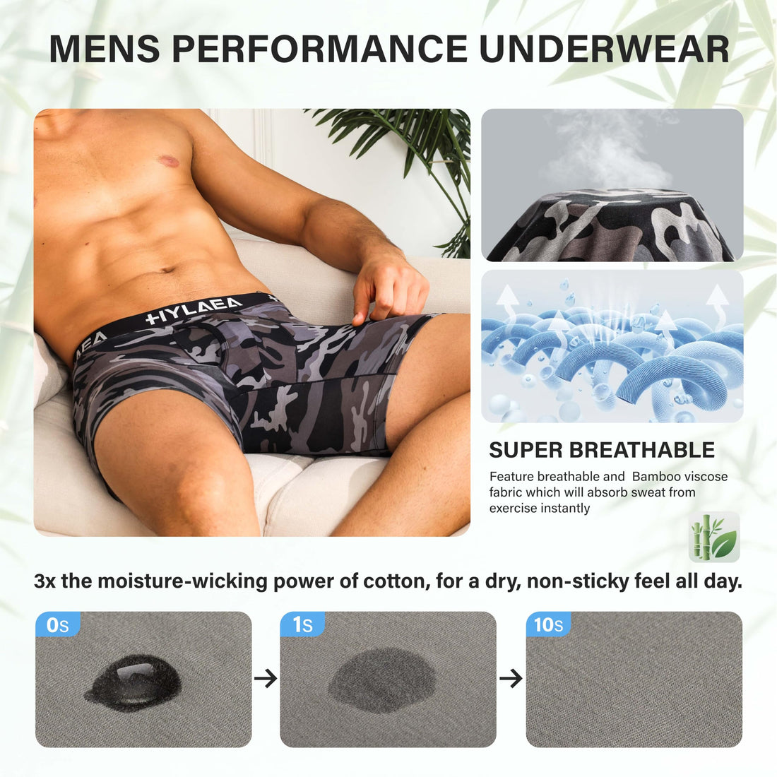 Hylaea Mens Bamboo Boxer Briefs, Breathable Moisture-Wicking Underwear | No Ride Up | 3D Pouch Support | Quick Dry | Anti-Odor | Tagless | Wide Waistband | Extended Leg Cut | Lightweight Fabric