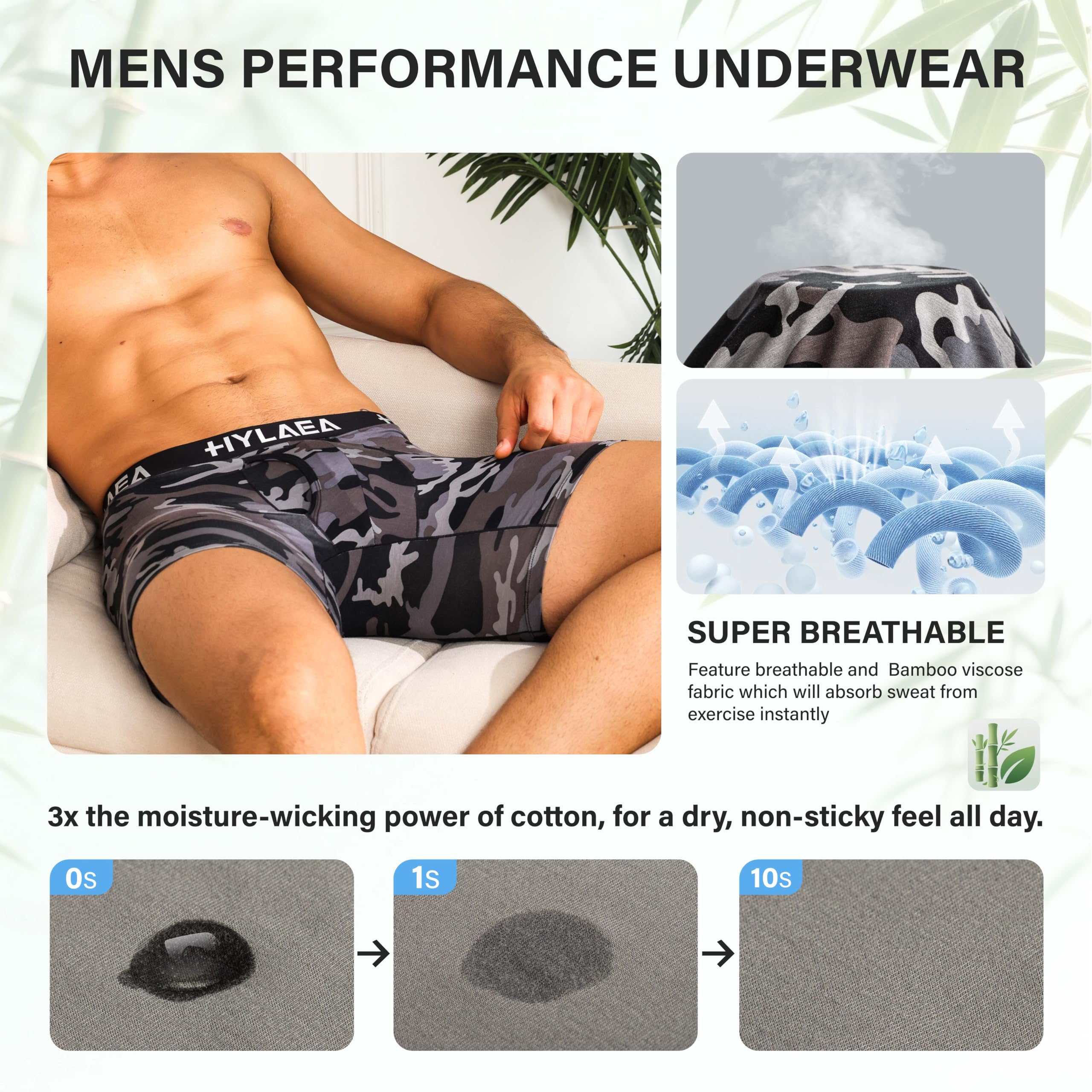 Hylaea Mens Bamboo Boxer Briefs, Breathable Moisture-Wicking Underwear | No Ride Up | 3D Pouch Support | Quick Dry | Anti-Odor | Tagless | Wide Waistband | Extended Leg Cut | Lightweight Fabric