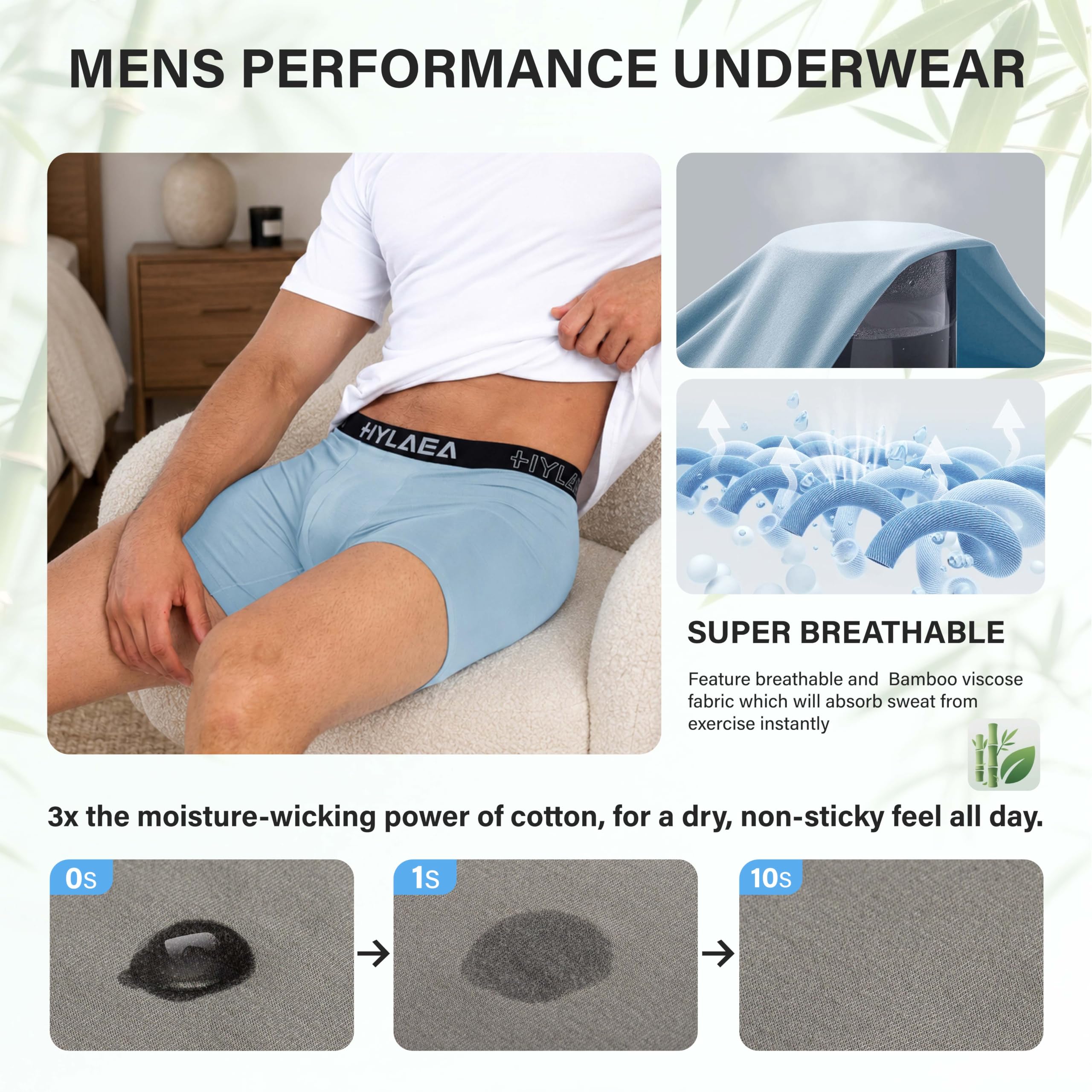 Hylaea Mens Bamboo Boxer Briefs, Breathable Moisture-Wicking Underwear | No Ride Up | 3D Pouch Support | Quick Dry | Anti-Odor | Tagless | Wide Waistband | Extended Leg Cut | Lightweight Fabric