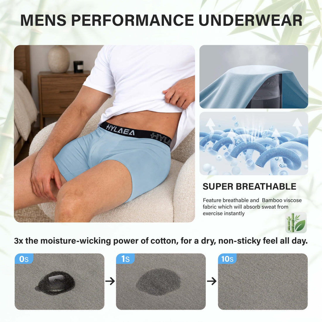 Hylaea Mens Bamboo Boxer Briefs, Breathable Moisture-Wicking Underwear | No Ride Up | 3D Pouch Support | Quick Dry | Anti-Odor | Tagless | Wide Waistband | Extended Leg Cut | Lightweight Fabric