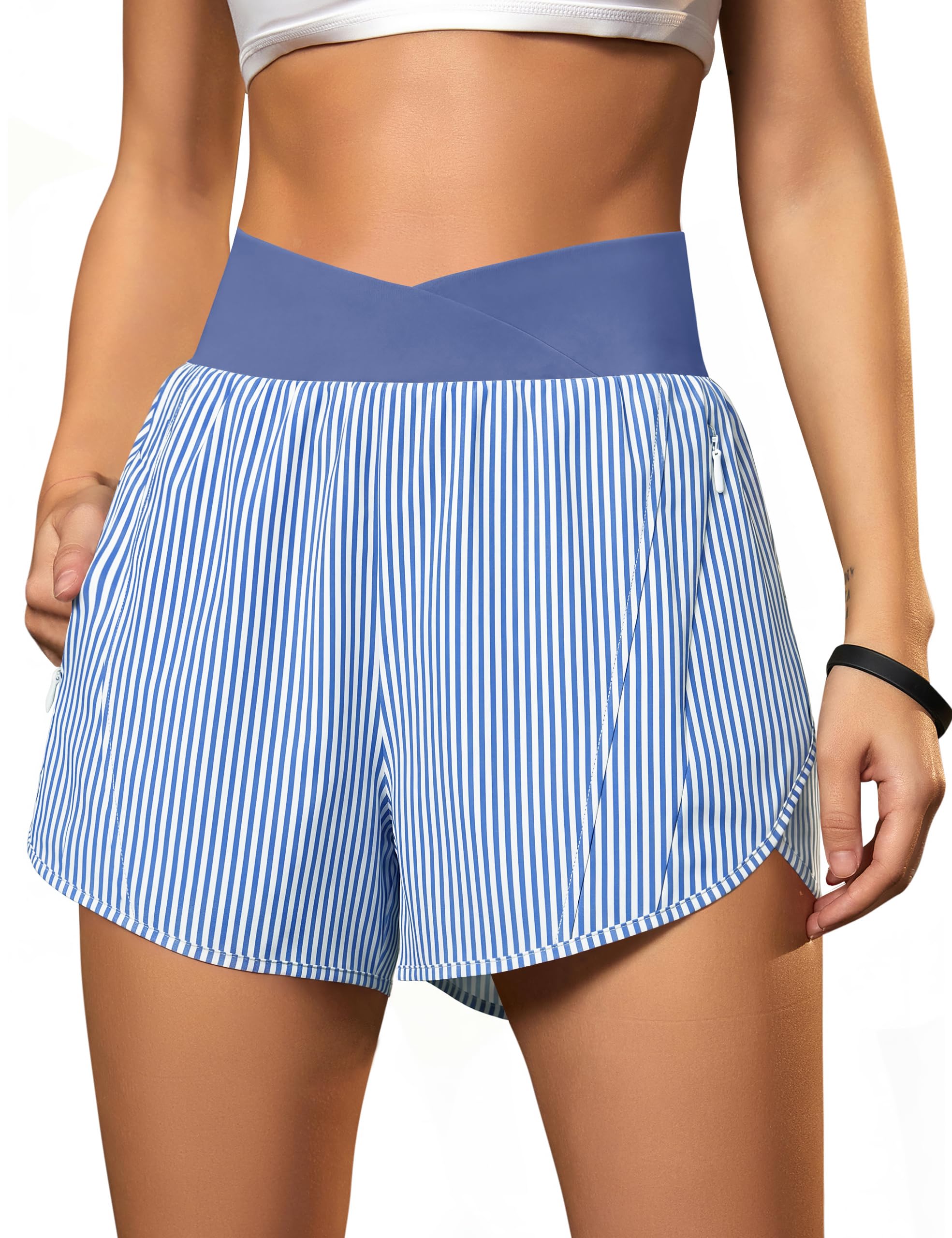 Blooming Jelly Women's Workout Shorts Athletic Running Shorts Crossover High Waisted Gym Shorts with Zipper Pockets