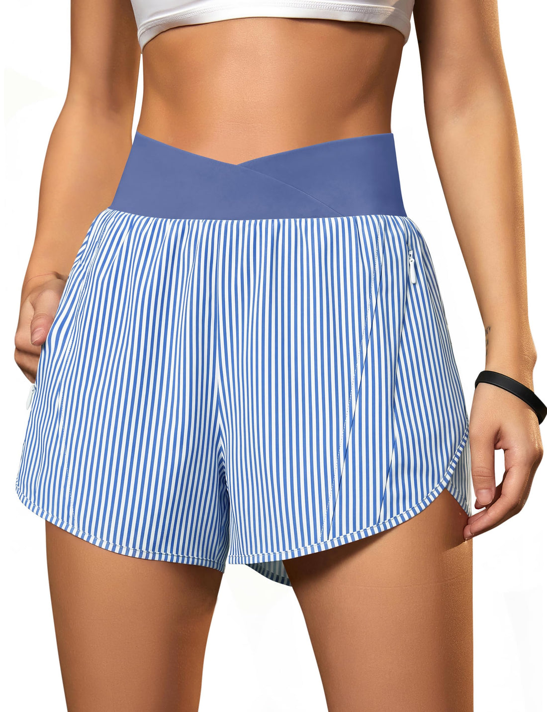 Blooming Jelly Women's Workout Shorts Athletic Running Shorts Crossover High Waisted Gym Shorts with Zipper Pockets
