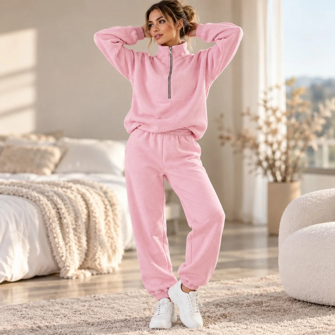 Casual Zipper Set Full Length European and American Style Women Winter Set with Hoodie Top Long Sleeve Regular Sleeve Long Pants