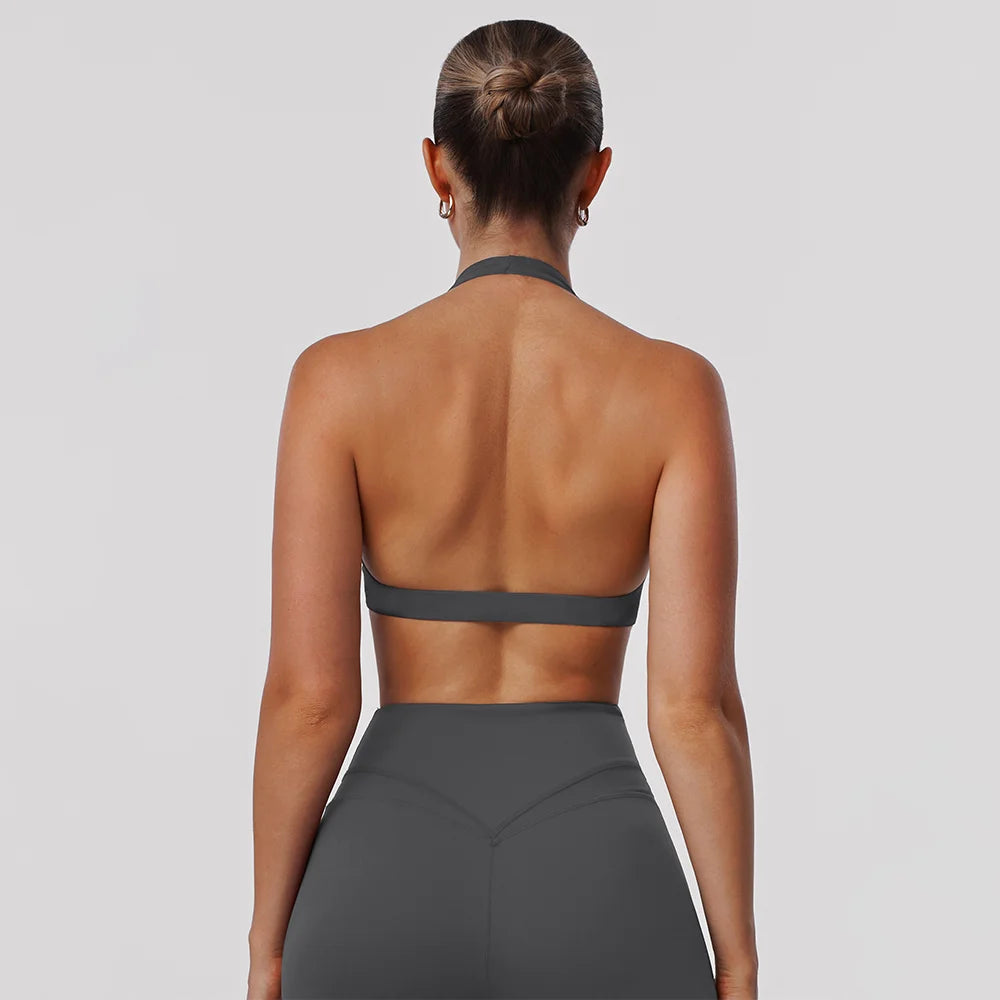 Women Fitness Gym Bra Twist Halter Backless Training Top Wear V-Neck Padded Solid Color Yoga Casual Sporty Bra - ATFH