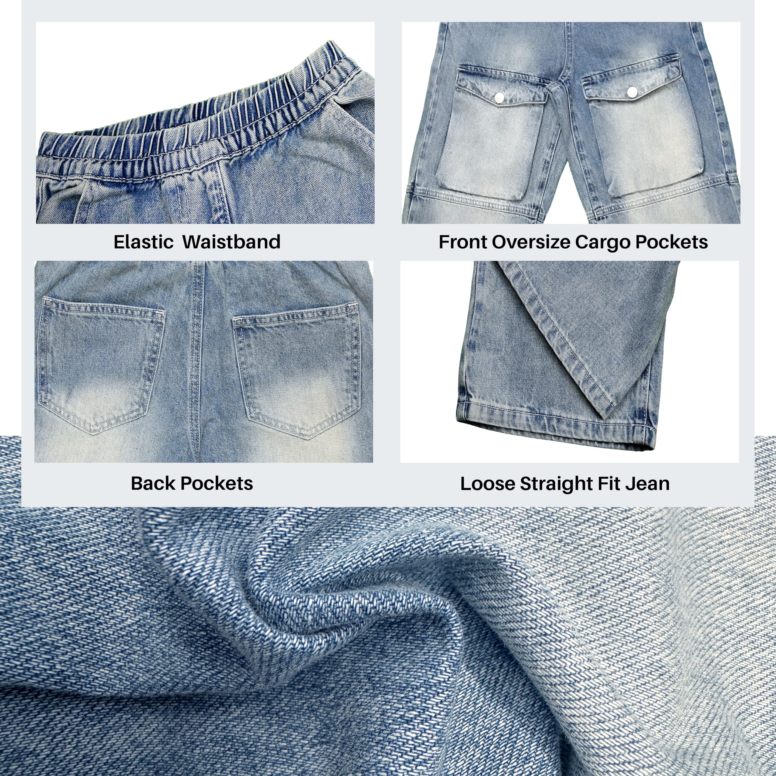 Baggy Jeans for Boys Cargo Jeans, Mid Rise Elastic Waist Multi-Pockets Denim Pants School Streetwear Size 8-12