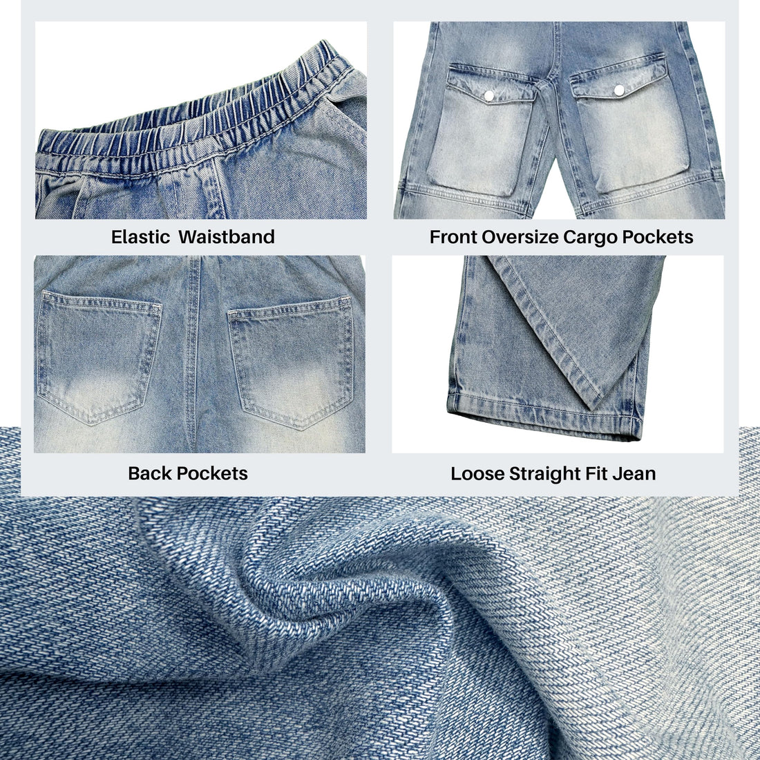 Baggy Jeans for Boys Cargo Jeans, Mid Rise Elastic Waist Multi-Pockets Denim Pants School Streetwear Size 8-12