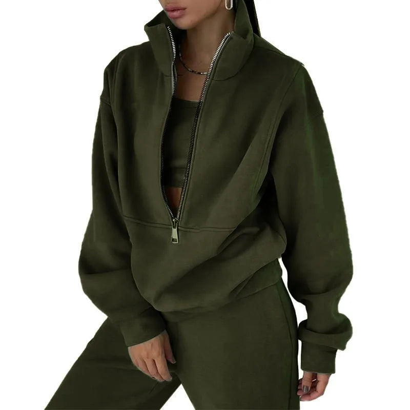 Casual Zipper Set Full Length European and American Style Women Winter Set with Hoodie Top Long Sleeve Regular Sleeve Long Pants