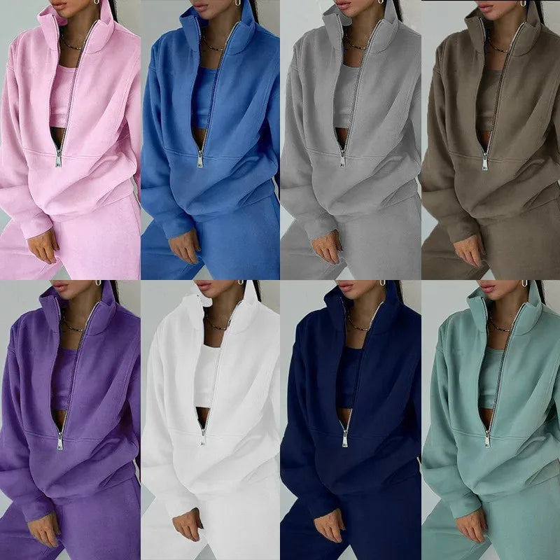 Casual Zipper Set Full Length European and American Style Women Winter Set with Hoodie Top Long Sleeve Regular Sleeve Long Pants