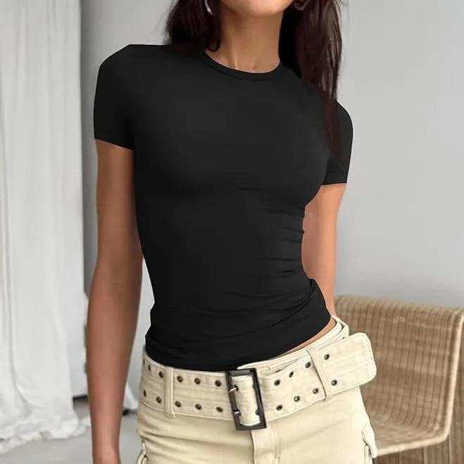 Women Short Sleeve T-shirts Causal O Neck Solid Slim Fit Tee Summer Sexy Basic Crop Top Simple T Shirt Female Y2K Tops Clothes - ATFH