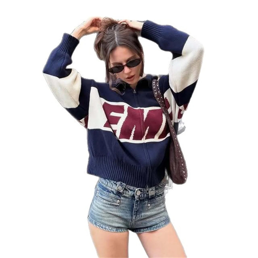 Retro Spliced Zipper Knitted Sweater Women Fashion Stand Collar Long Sleeve Loose Short Cardigan Lady Y2k Letter Knitwear - ATFH