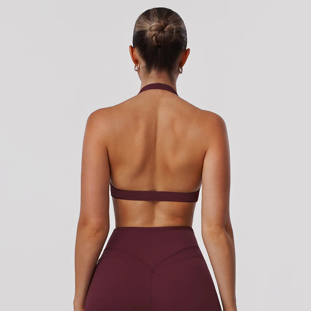 Women Fitness Gym Bra Twist Halter Backless Training Top Wear V-Neck Padded Solid Color Yoga Casual Sporty Bra - ATFH
