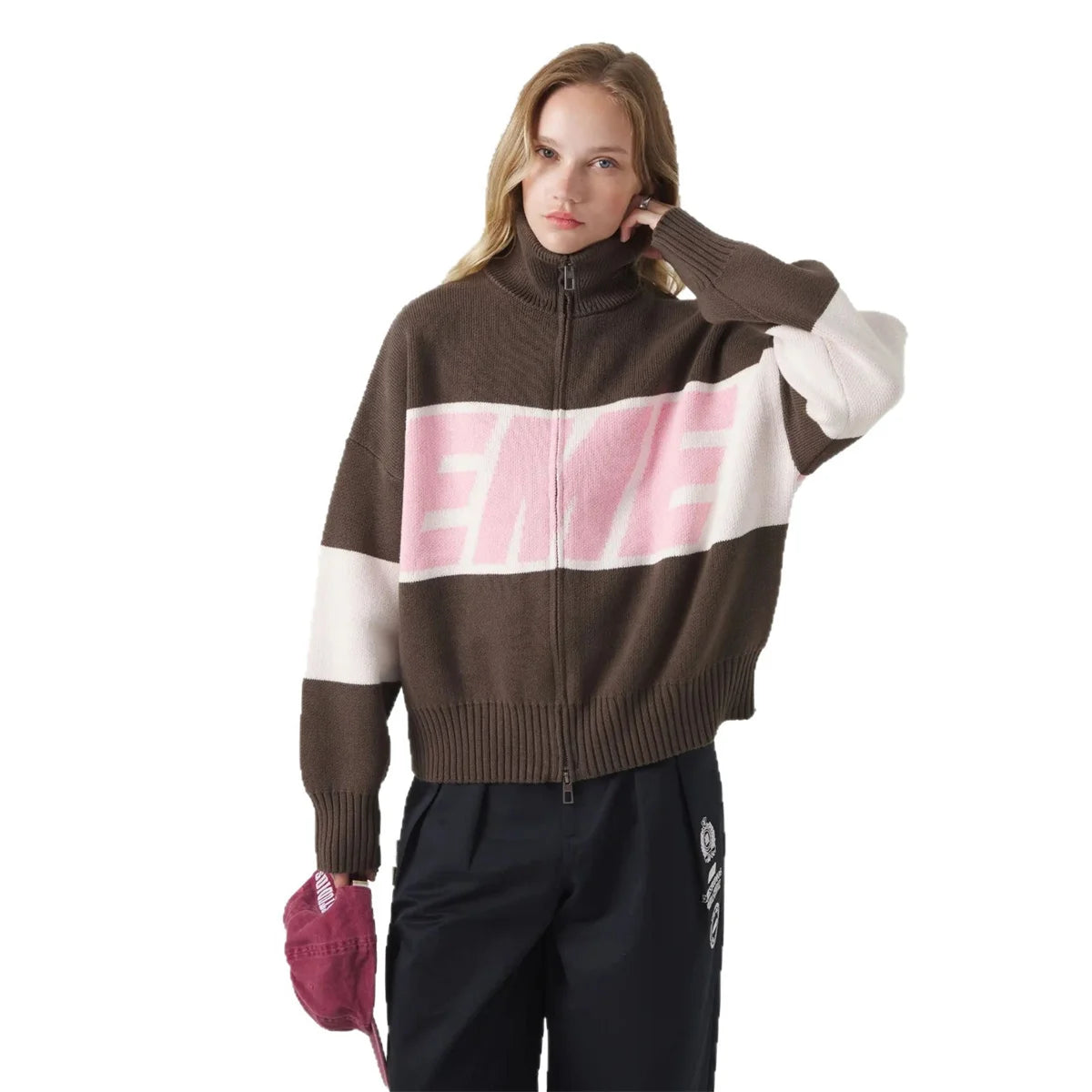 Retro Spliced Zipper Knitted Sweater Women Fashion Stand Collar Long Sleeve Loose Short Cardigan Lady Y2k Letter Knitwear - ATFH