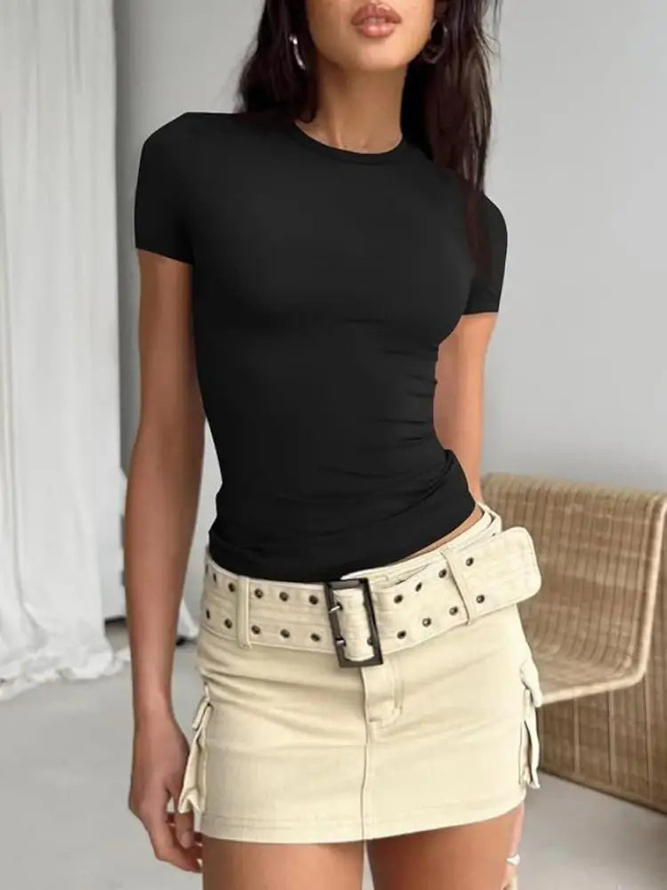 Women Short Sleeve T-shirts Causal O Neck Solid Slim Fit Tee Summer Sexy Basic Crop Top Simple T Shirt Female Y2K Tops Clothes - ATFH